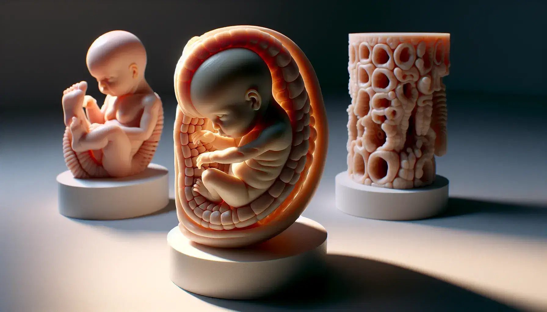 Modelos tridimensionales de desarrollo embrionario humano mostrando etapas de pre-somite, somite y metamorfosis en superficie blanca.