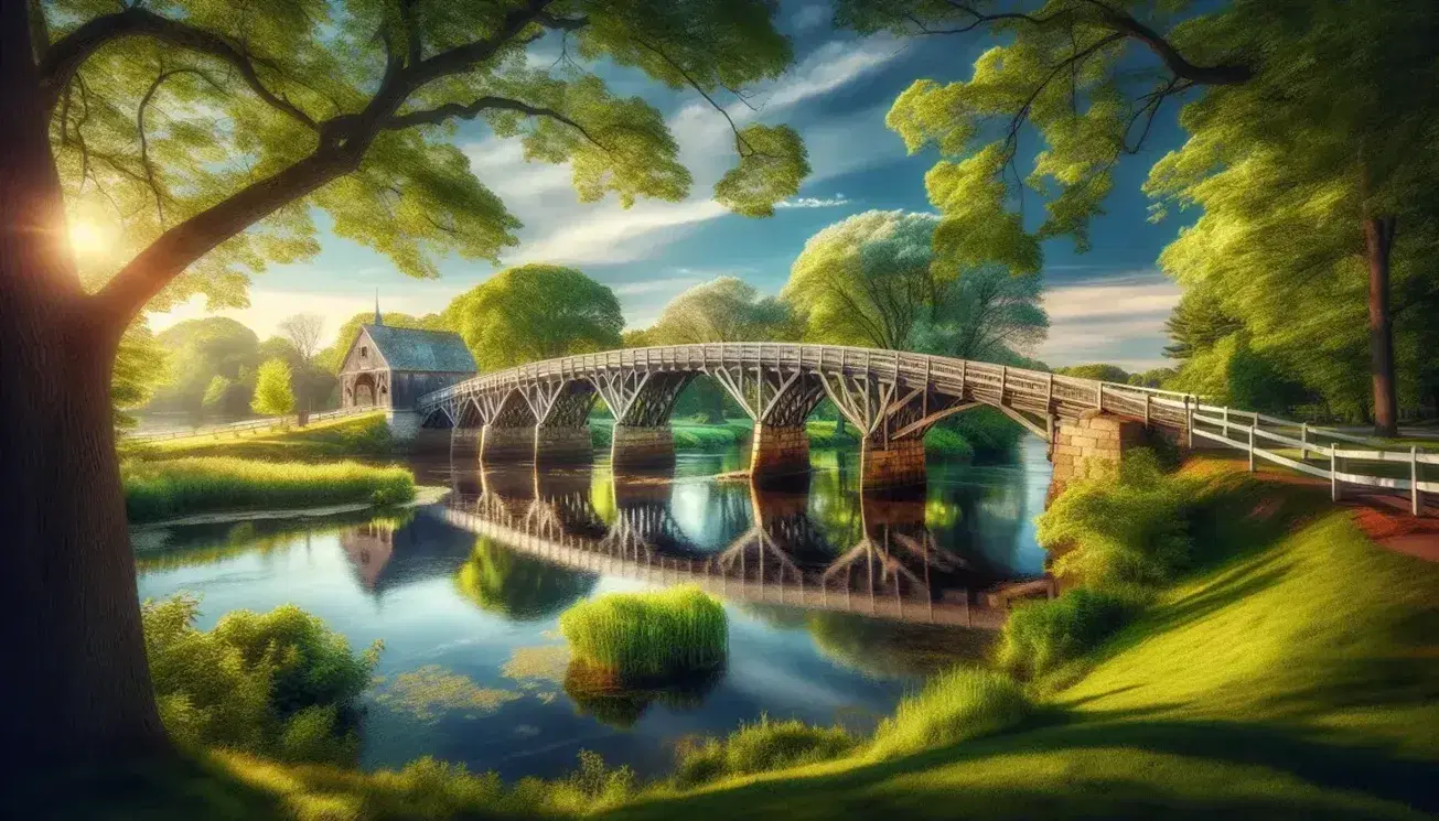 Old North Bridge over calm river in Concord, Massachusetts, surrounded by lush greenery and reflected in water under a clear blue sky.