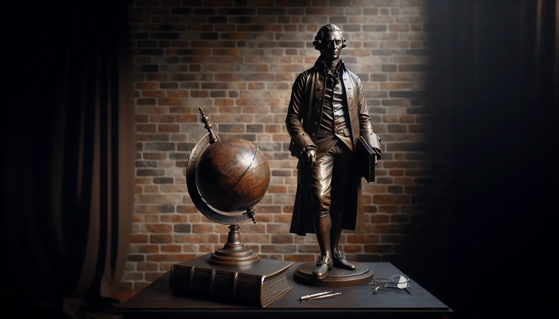 Estatua de bronce de hombre del siglo XVIII con libro cerrado en mano derecha y apoyado en mesa con globo terráqueo y gafas, ante pared de ladrillo.