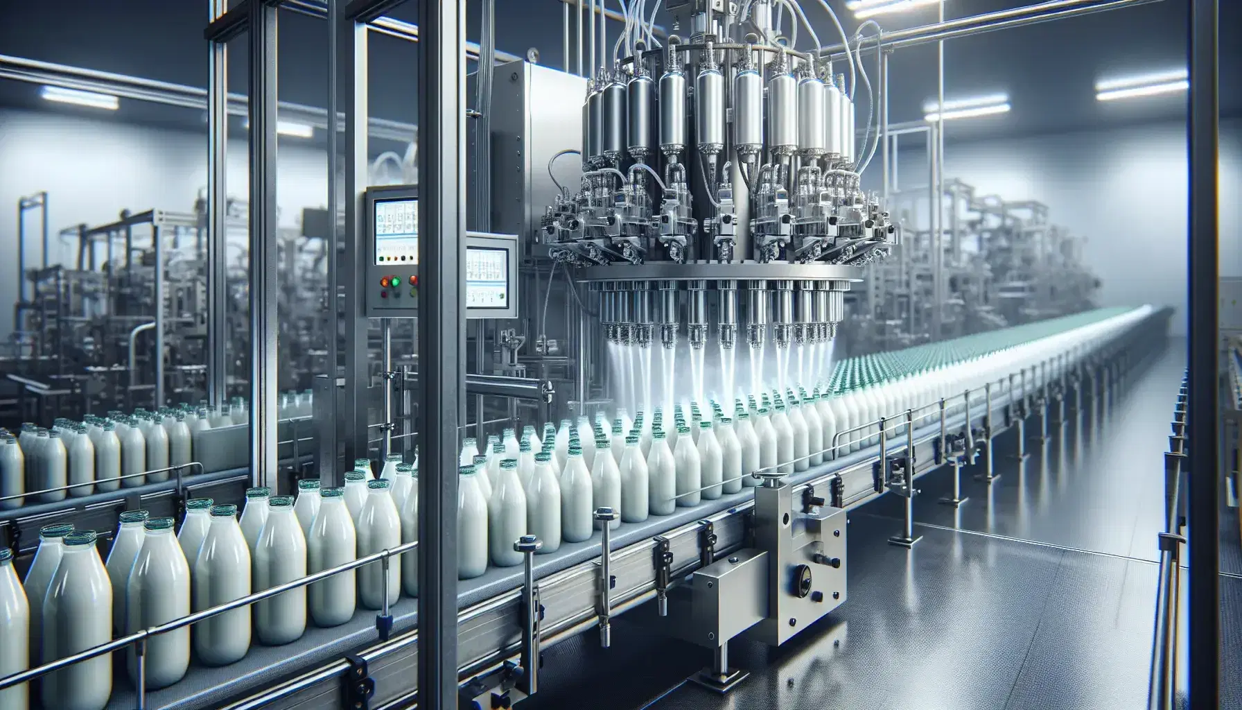Línea de ensamblaje automatizada en fábrica de lácteos llenando botellas de plástico con leche, bajo iluminación artificial, sin personas.