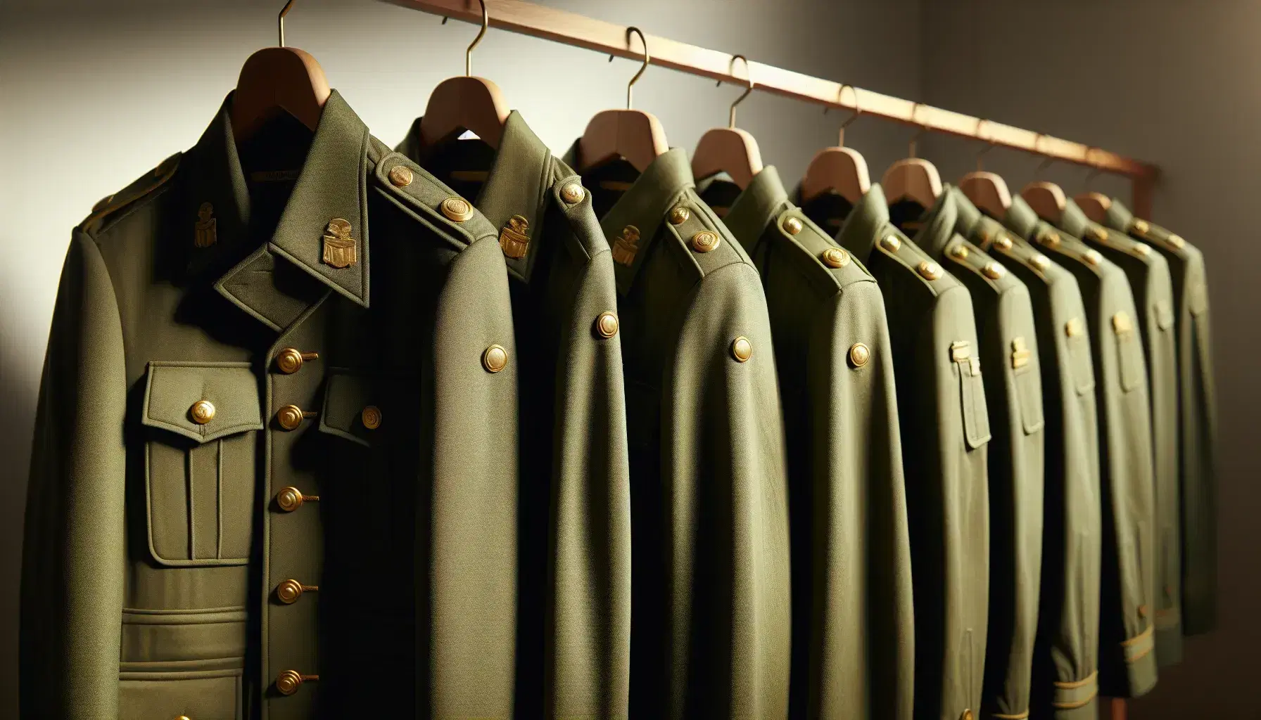 Uniformes militares de color verde oliva colgados ordenadamente en perchas de madera, con botones dorados y sin insignias visibles, destacando contra una pared clara.