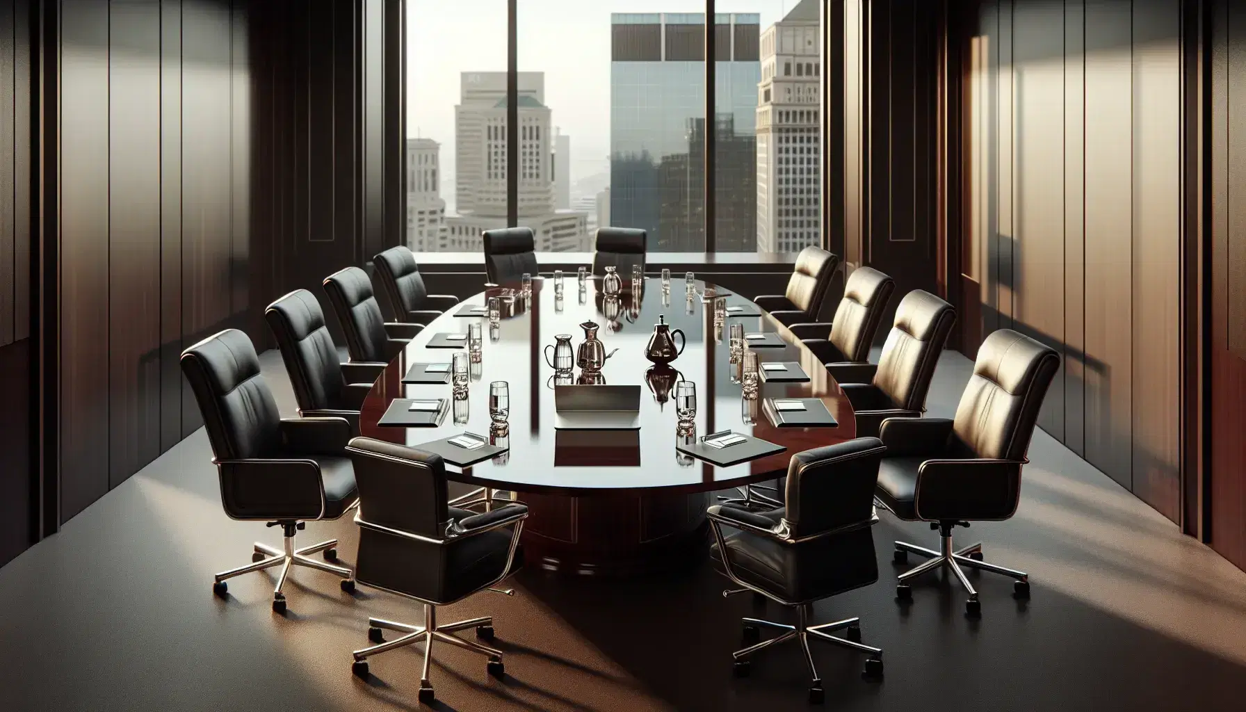 Elegant boardroom with a reflective mahogany table, black leather chairs, a laptop, water glasses, and a pitcher, overlooking a sunset city skyline.