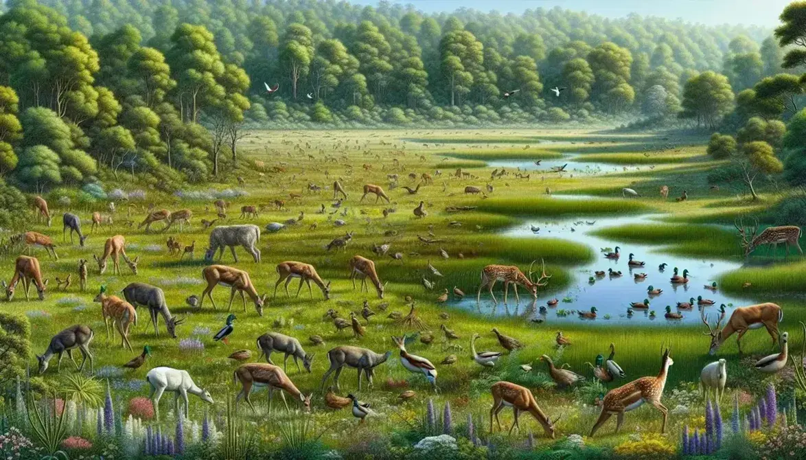 Diverse grassland ecosystem with grazing deer, colorful wildflowers, a pond with waterfowl, and a dense, green forest under a clear blue sky.