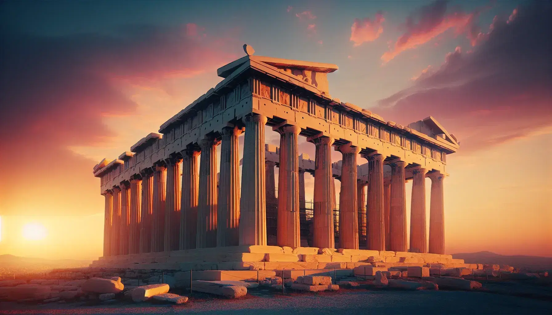 Il Partenone di Atene si staglia al tramonto, con colonne doriche in marmo bianco e cielo sfumato da arancio a blu scuro.