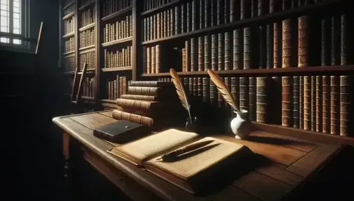 Biblioteca antigua con estanterías de madera oscura llenas de libros, mesa con libro abierto, pluma y tintero de porcelana bajo luz cálida.
