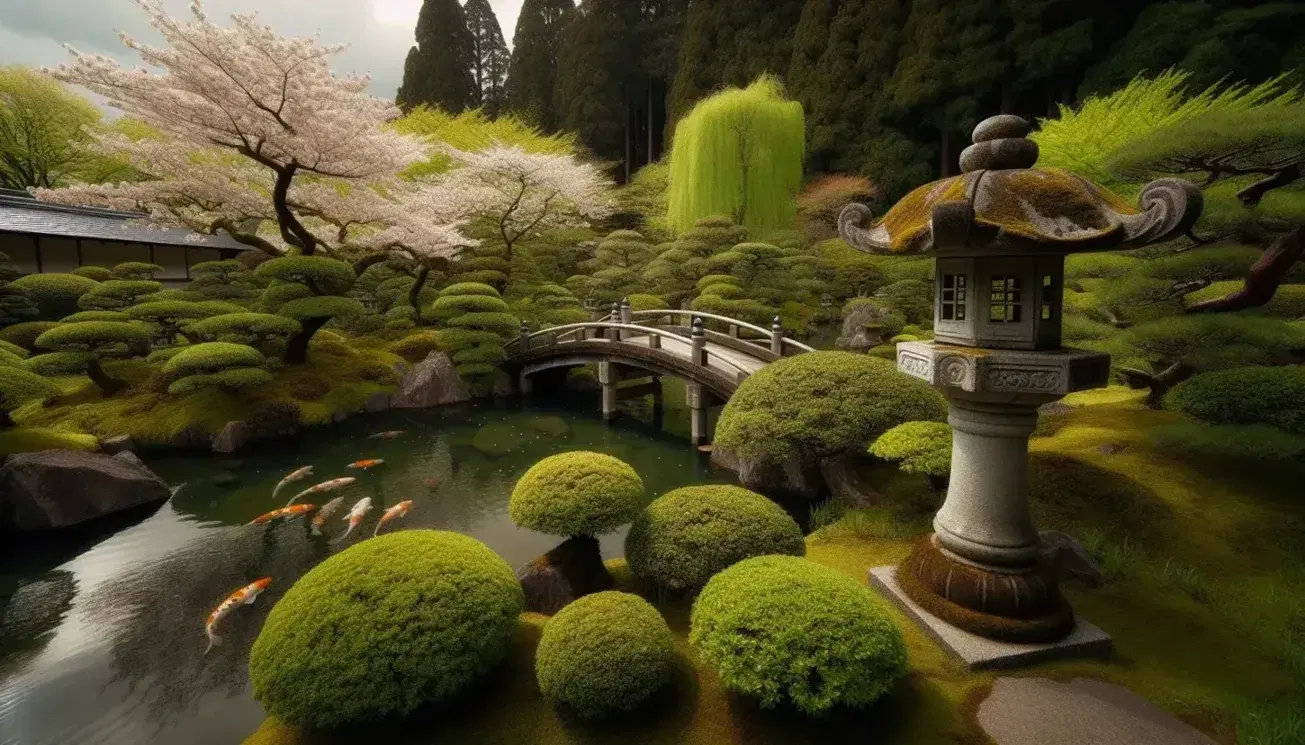 Serene Japanese garden with a moss-covered stone lantern, trimmed green shrubs, a wooden bridge over a koi pond, and cherry blossoms in bloom.