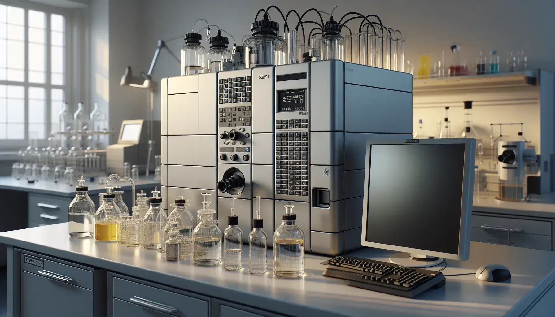 Espectrómetro de masas en laboratorio de química con frascos de vidrio y líquidos, junto a computadora apagada, reflejando tecnología avanzada y precisión científica.