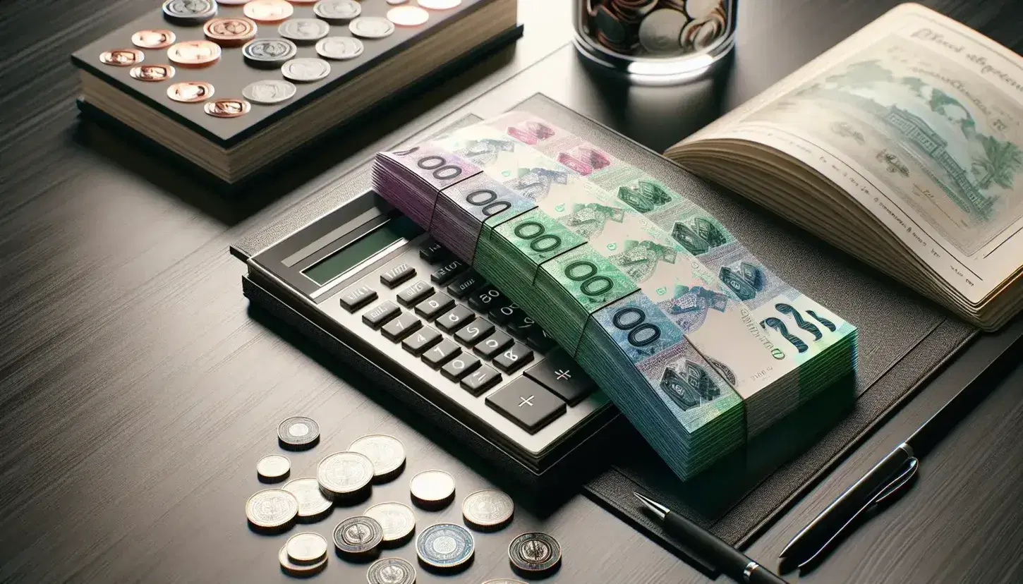 Modern calculator on dark wood desk with stack of colorful banknotes, glass jar full of coins, and open blank ledger in a well-lit office setting.