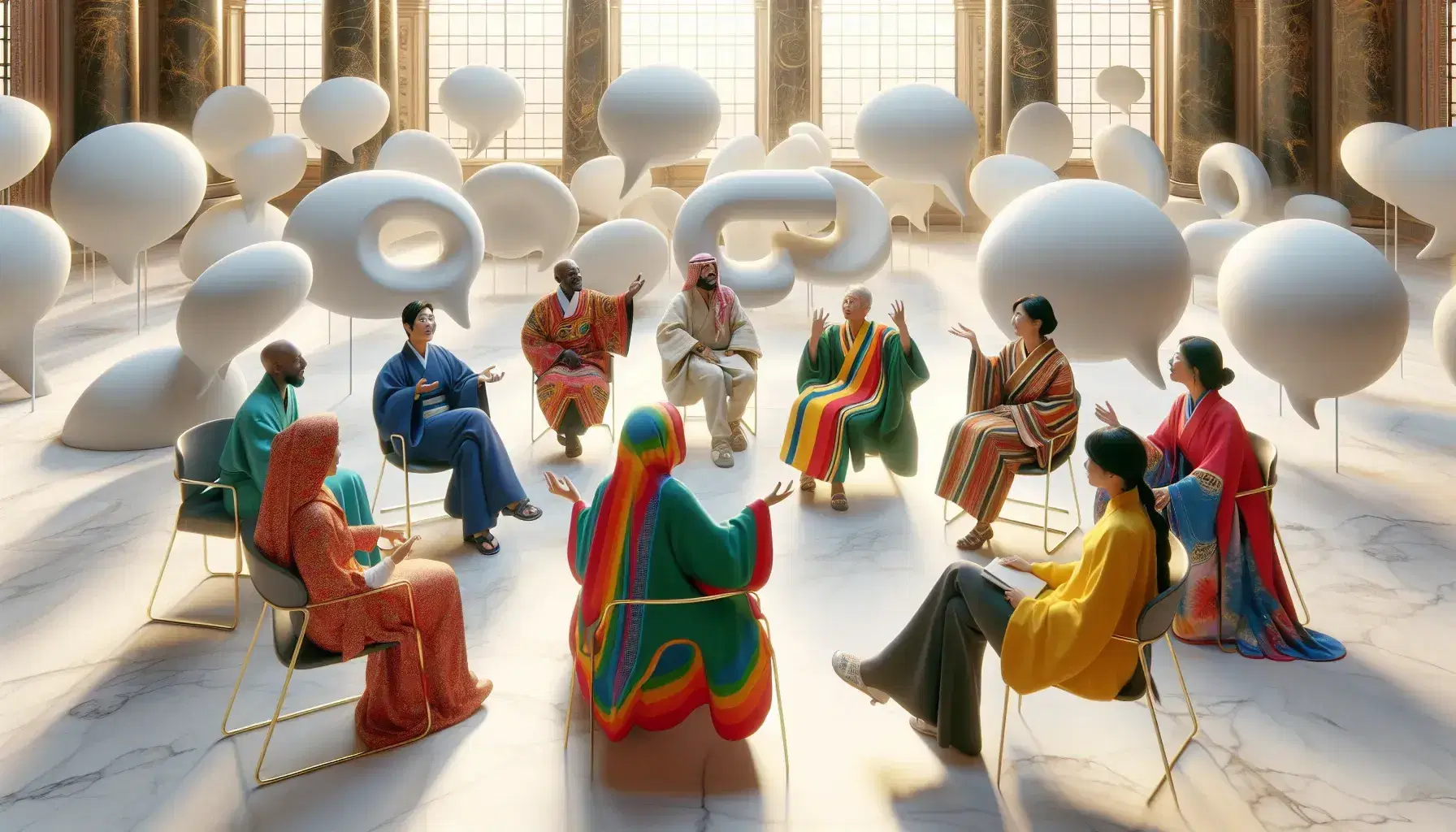 Multicultural group in dialogue, with traditional clothes such as saris, kimonos and dashikis, among comic-shaped sculptures in a bright room.