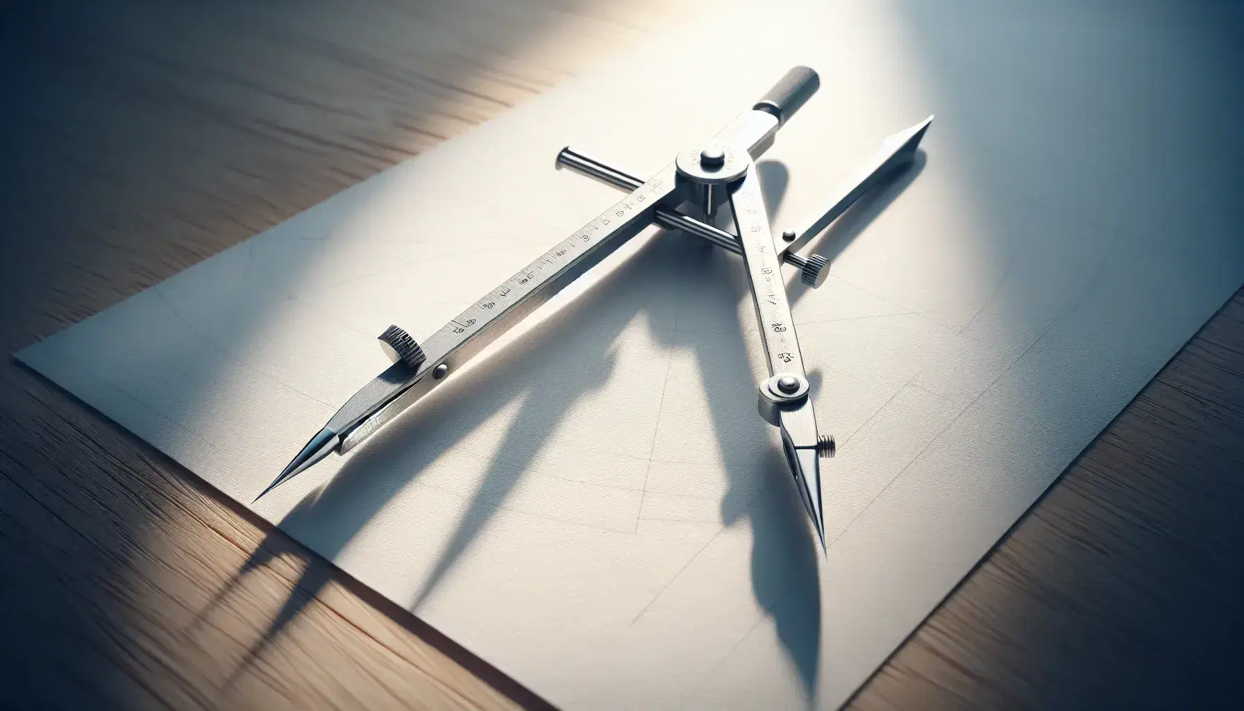 Compás metálico sobre papel de dibujo con punta apoyada y brazo con lápiz listo para trazar, en superficie de madera clara.