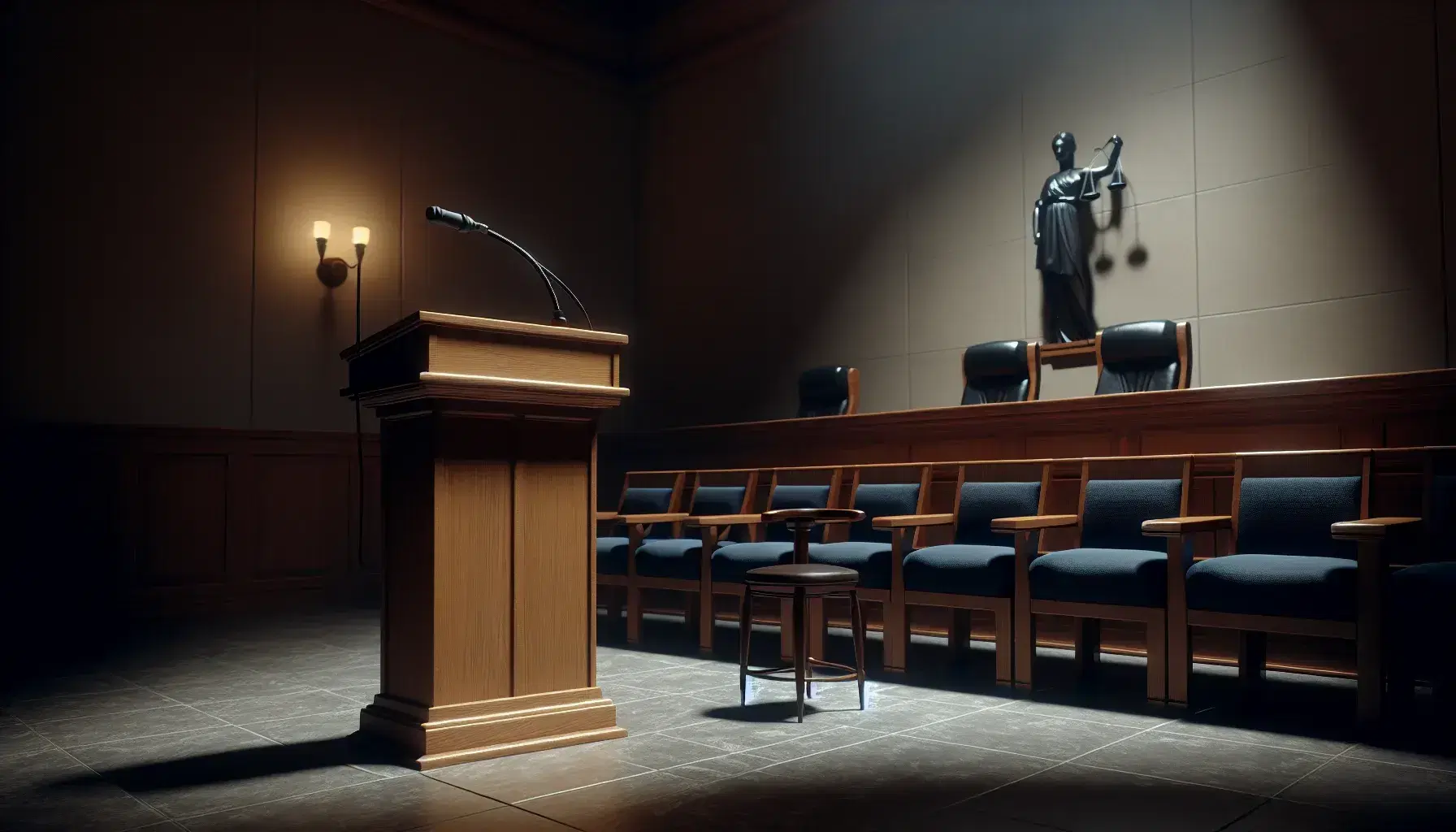 Dimly lit courtroom scene with wooden witness stand, empty jury chairs and judge's bench with seal of justice.