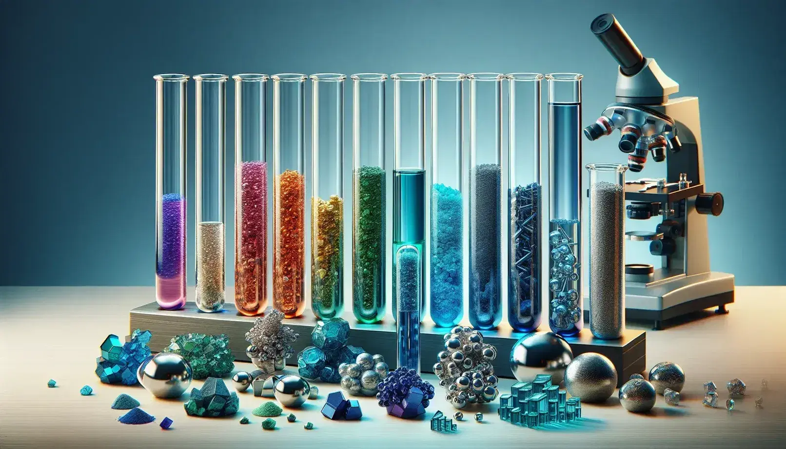 Provette di vetro con polveri colorate in ordine crescente e becher con liquidi arcobaleno su banco laboratorio, metalli vari e microscopio moderno.