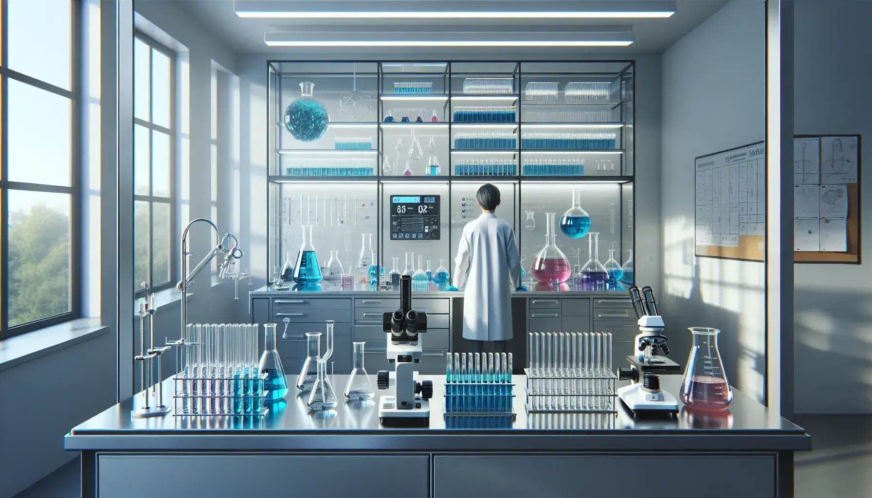 Laboratorio scientifico moderno con tavolo da lavoro, microscopio, bilancia analitica digitale e provette colorate, figura umana in camice analizza un liquido blu cobalto.