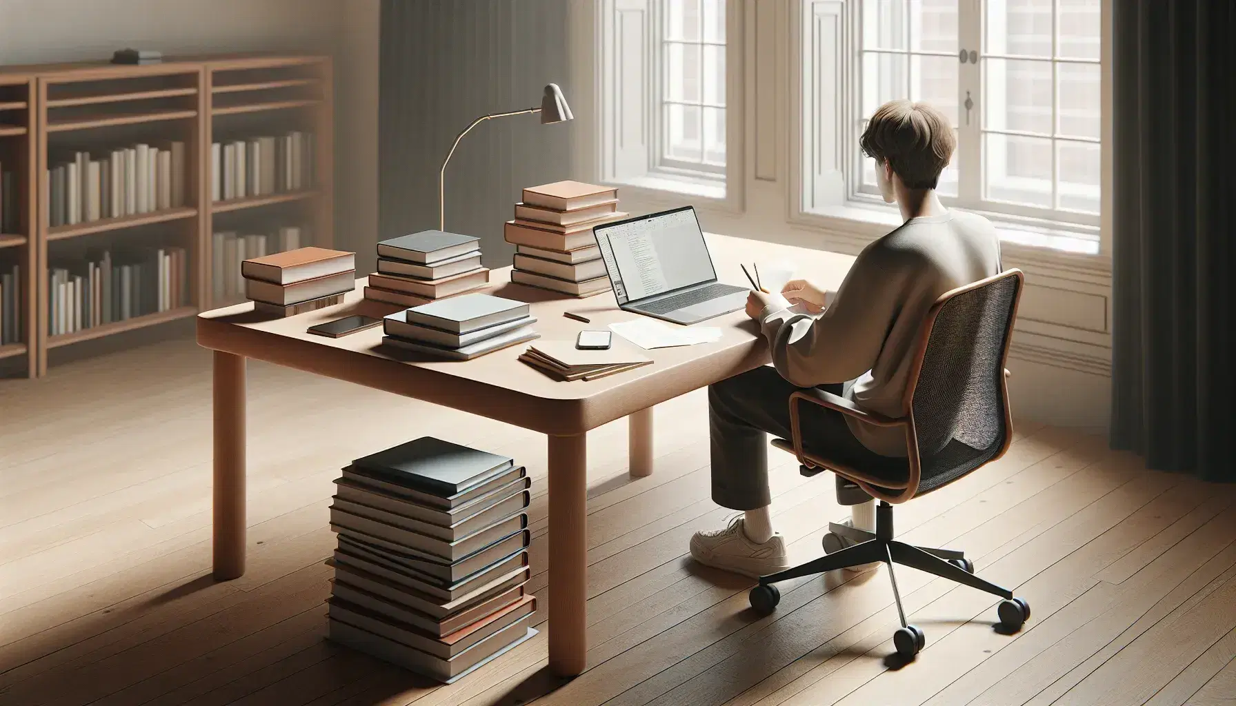 Espacio de estudio iluminado naturalmente con mesa de madera, portátil, cuaderno y libros, junto a una persona concentrada trabajando y ventana con vista a árboles.