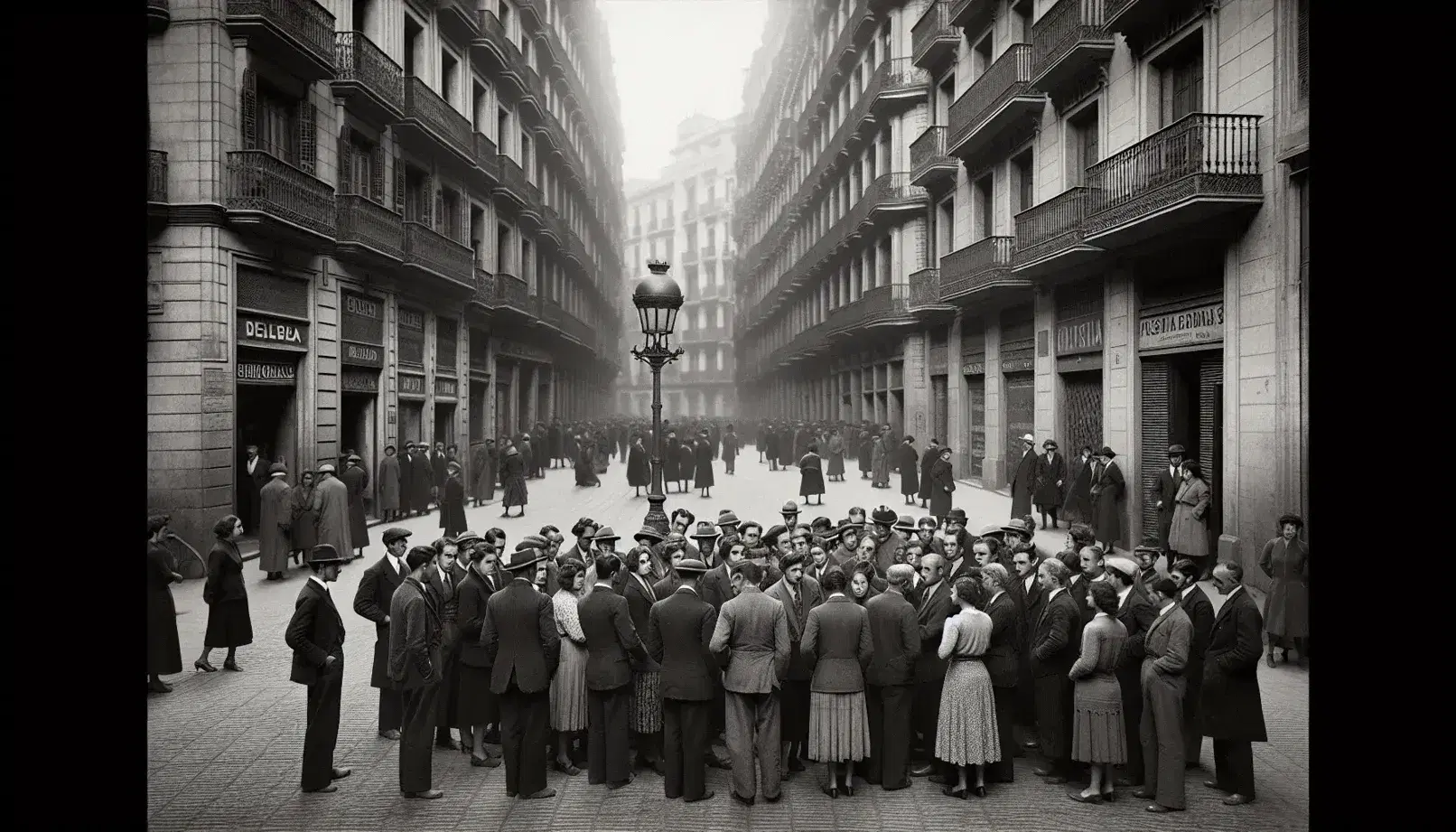 Fotografía en blanco y negro de una calle urbana de la Segunda República Española con personas vestidas al estilo de los años 30 y edificios con balcones de hierro forjado.