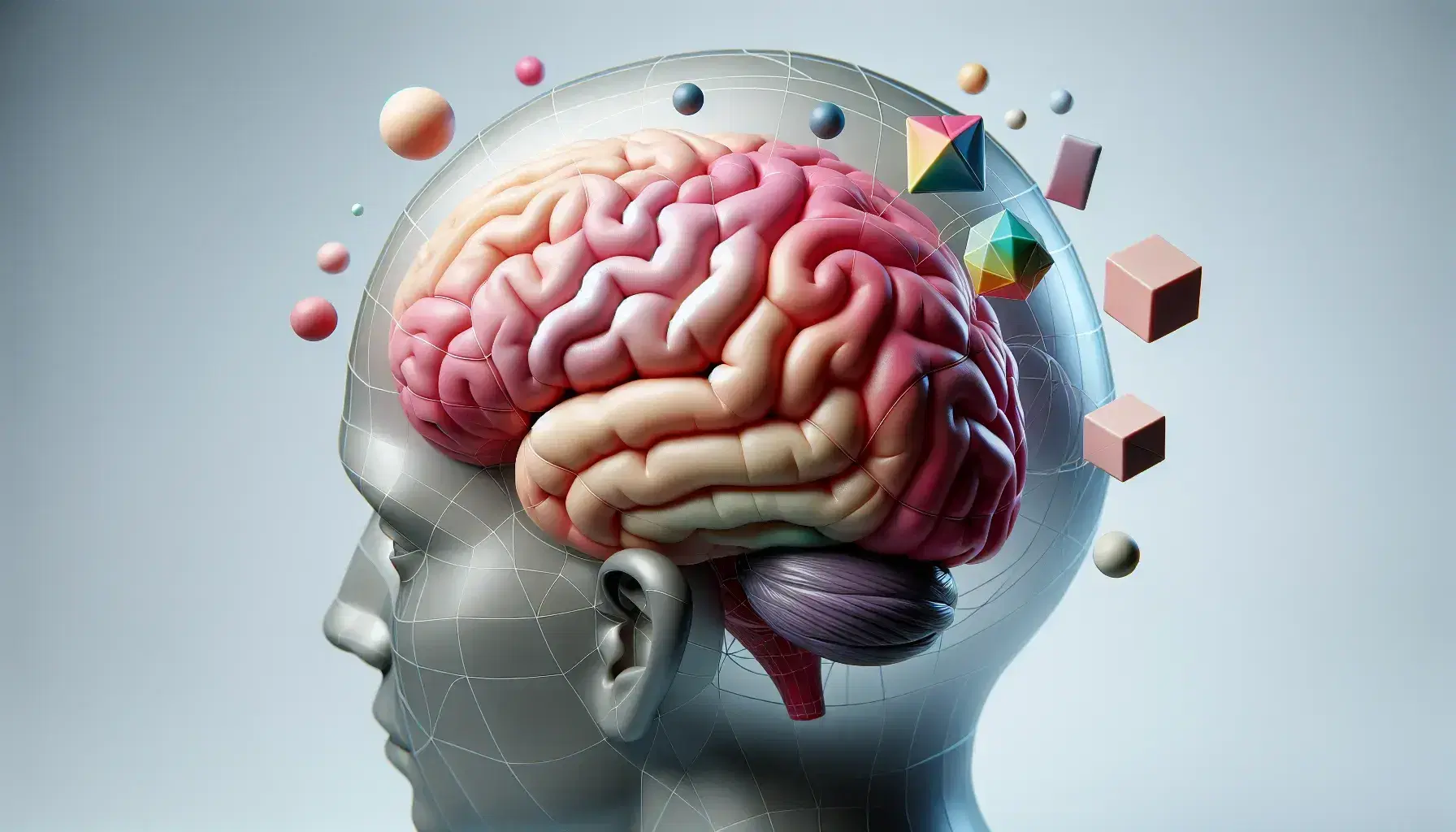 Cerebro humano tridimensional en tonos rosas y rojos con figuras geométricas translúcidas flotantes y mano sosteniendo esfera azul.