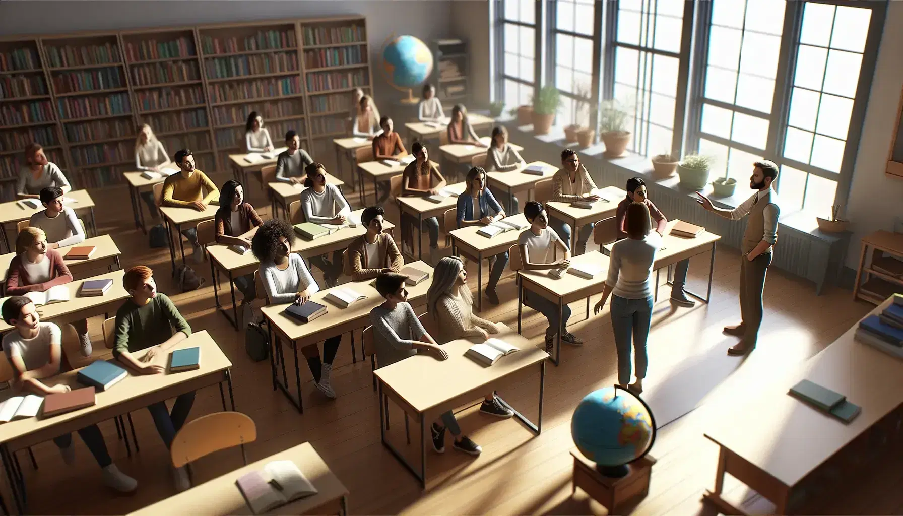 Diverse students in a sunlit classroom engage in discussion, with a teacher pointing at a participating pupil, surrounded by desks, a bookshelf, and a globe.