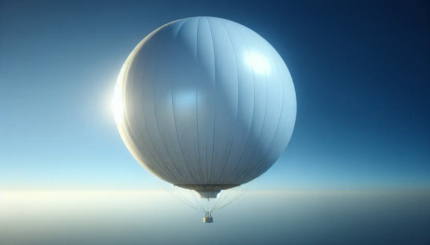 Pallone meteorologico bianco sferico in volo in un cielo azzurro sereno con sottili striature di cirri, illuminato dal sole.