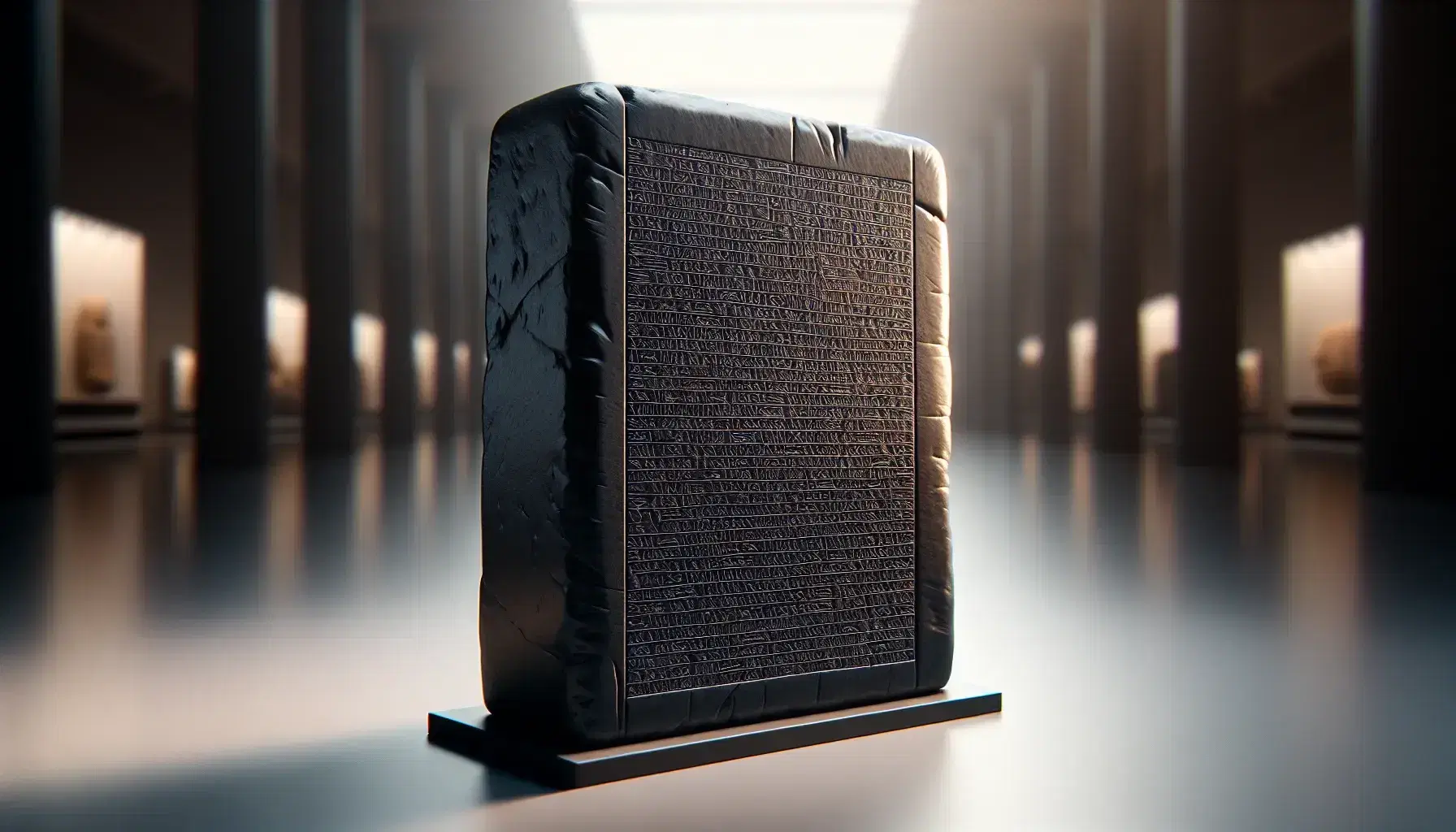 Stele di pietra nera con Codice di Hammurabi inciso, eretta su base piatta, con colonne verticali di geroglifici e riflessi di luce.