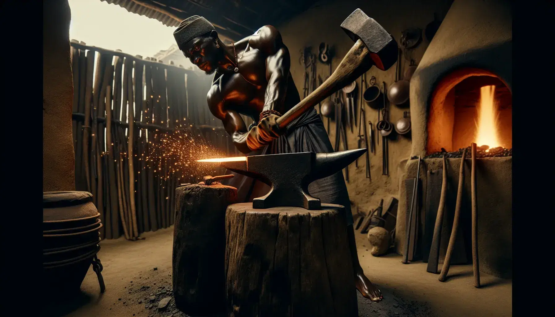 Yoruba blacksmith hammers heated metal on an anvil, sparks fly in a dimly lit forge with bellows and tools in the background.