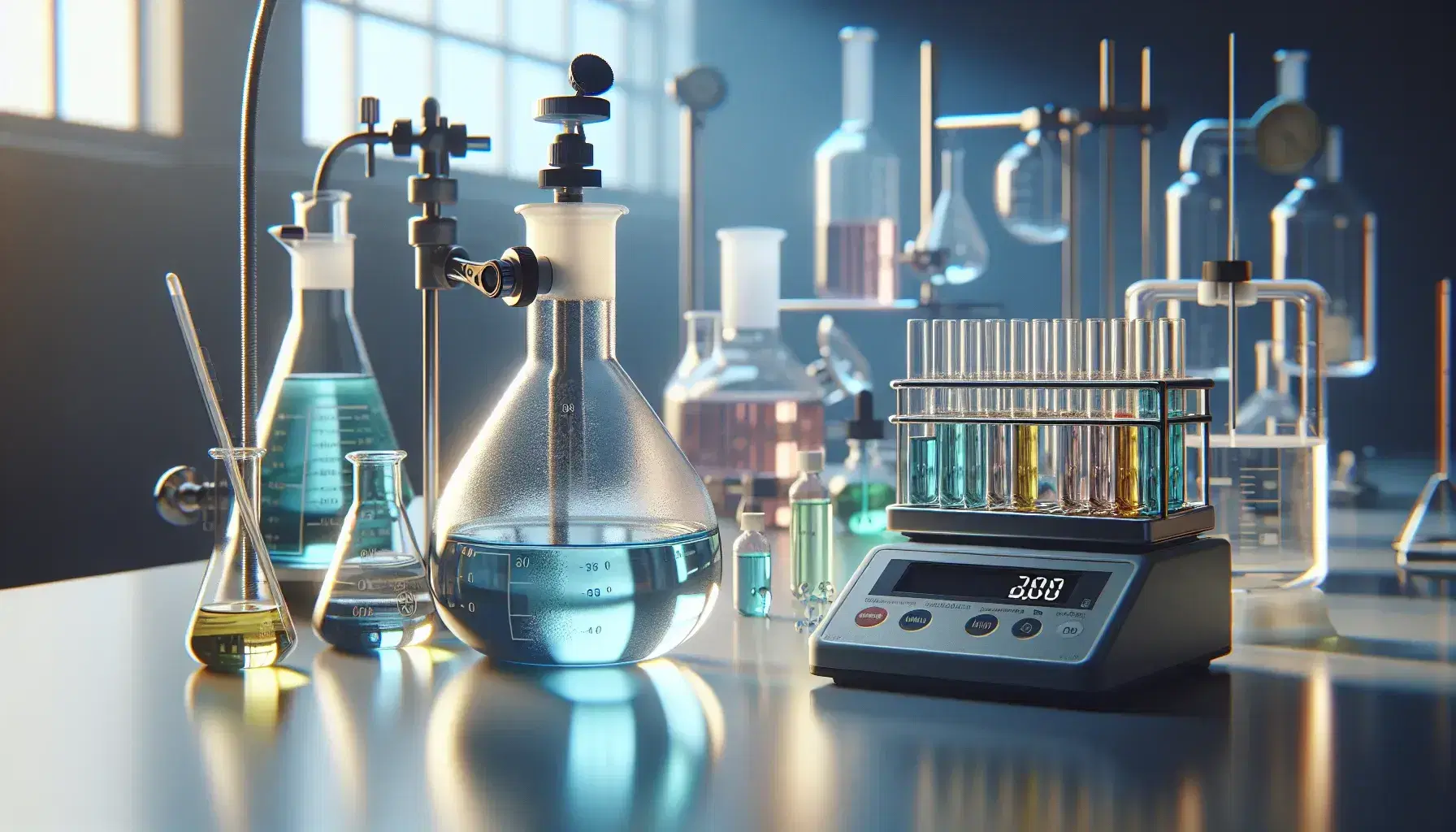 Laboratorio químico con matraz Erlenmeyer y líquido azul, soporte con tubo de ensayo amarillo, balanza analítica y quemador Bunsen en uso.