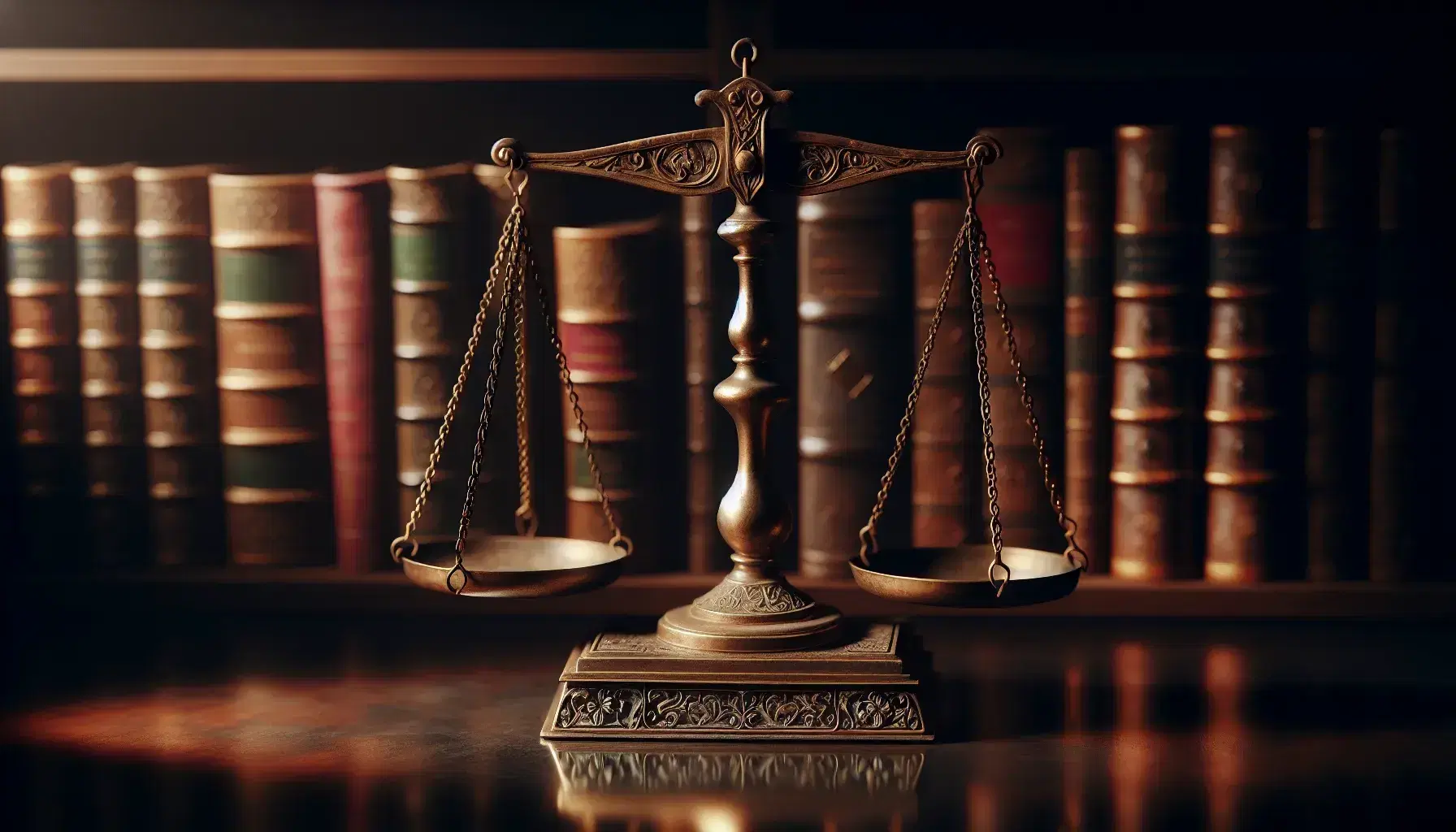 Bilancia antica in equilibrio su superficie legno scuro con piatti bronzo e base intagliata, sfondo sfocato di libreria con libri rilegati.