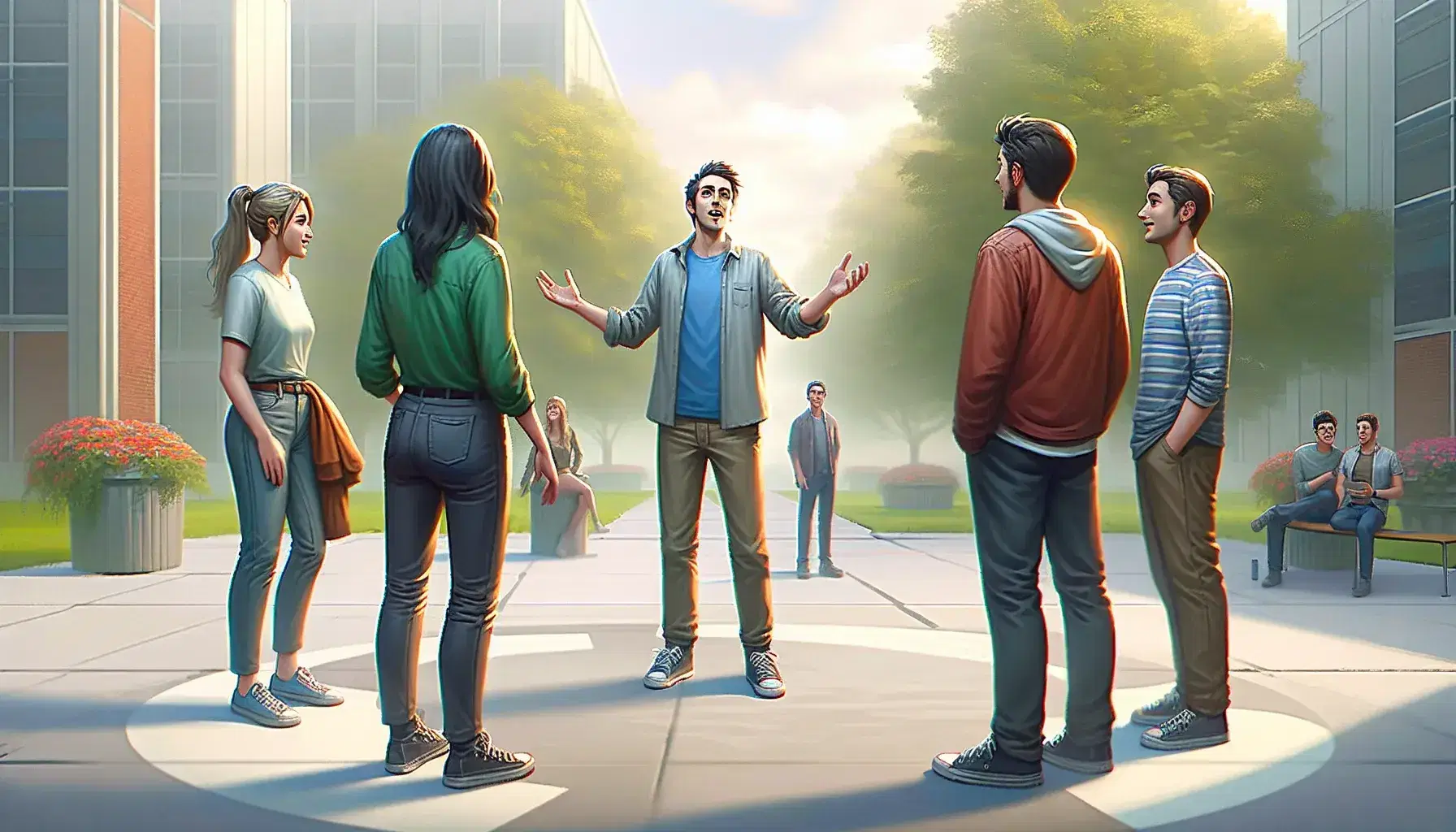 Cuatro personas conversan en un parque soleado, una gesticula explicando mientras otra muestra confusión, las demás observan, vestidas casualmente.