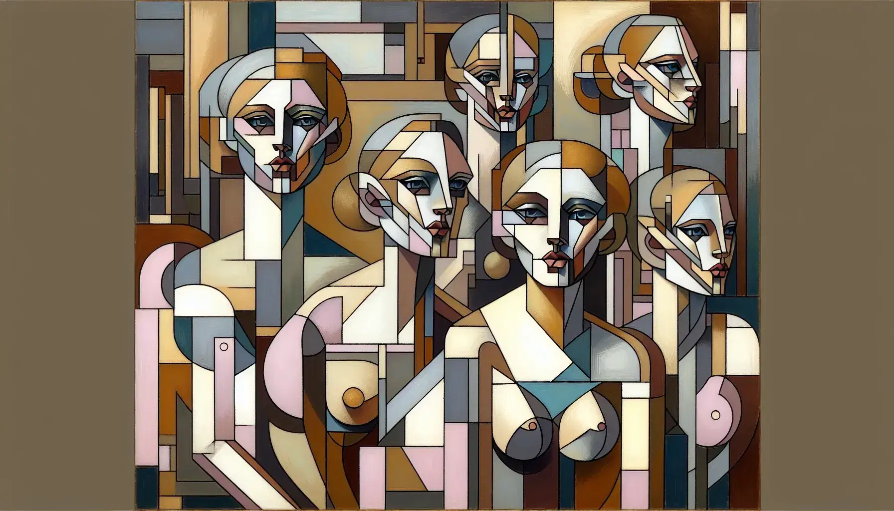 Dipinto cubista inizio XX secolo con cinque figure femminili stilizzate in toni di marrone, beige, blu, rosa e grigio.
