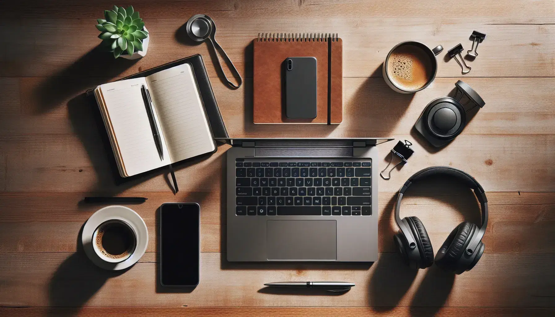 Escritorio de madera claro con portátil abierto, smartphone, cuaderno con bolígrafo, planta y café, iluminado por luz natural.
