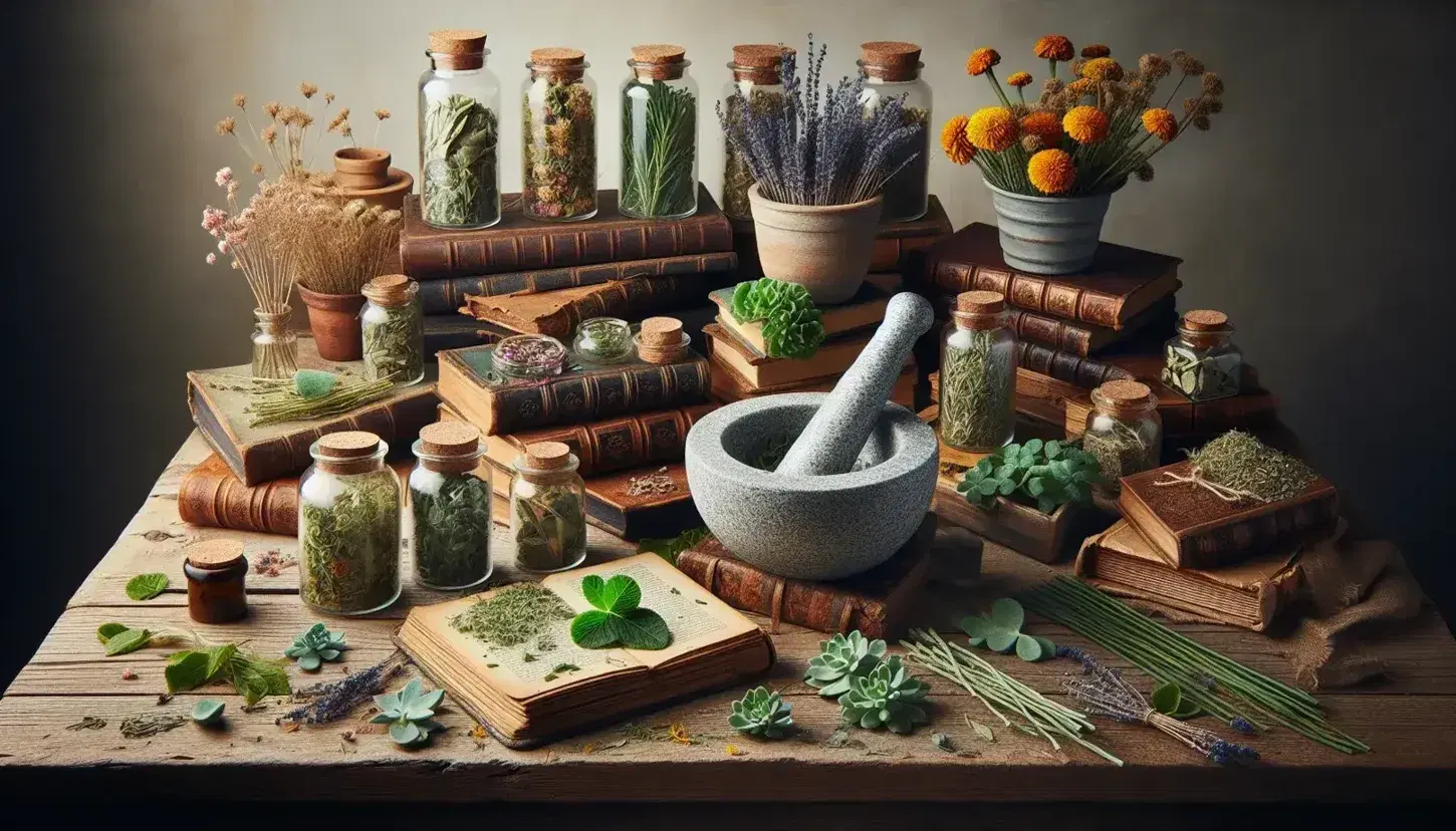 Mesa de madera rústica con mortero de piedra y mazo triturando hojas verdes, flores secas amarillas y naranjas, ramas de lavanda y frascos de hierbas, con libros y planta de Aloe al fondo.