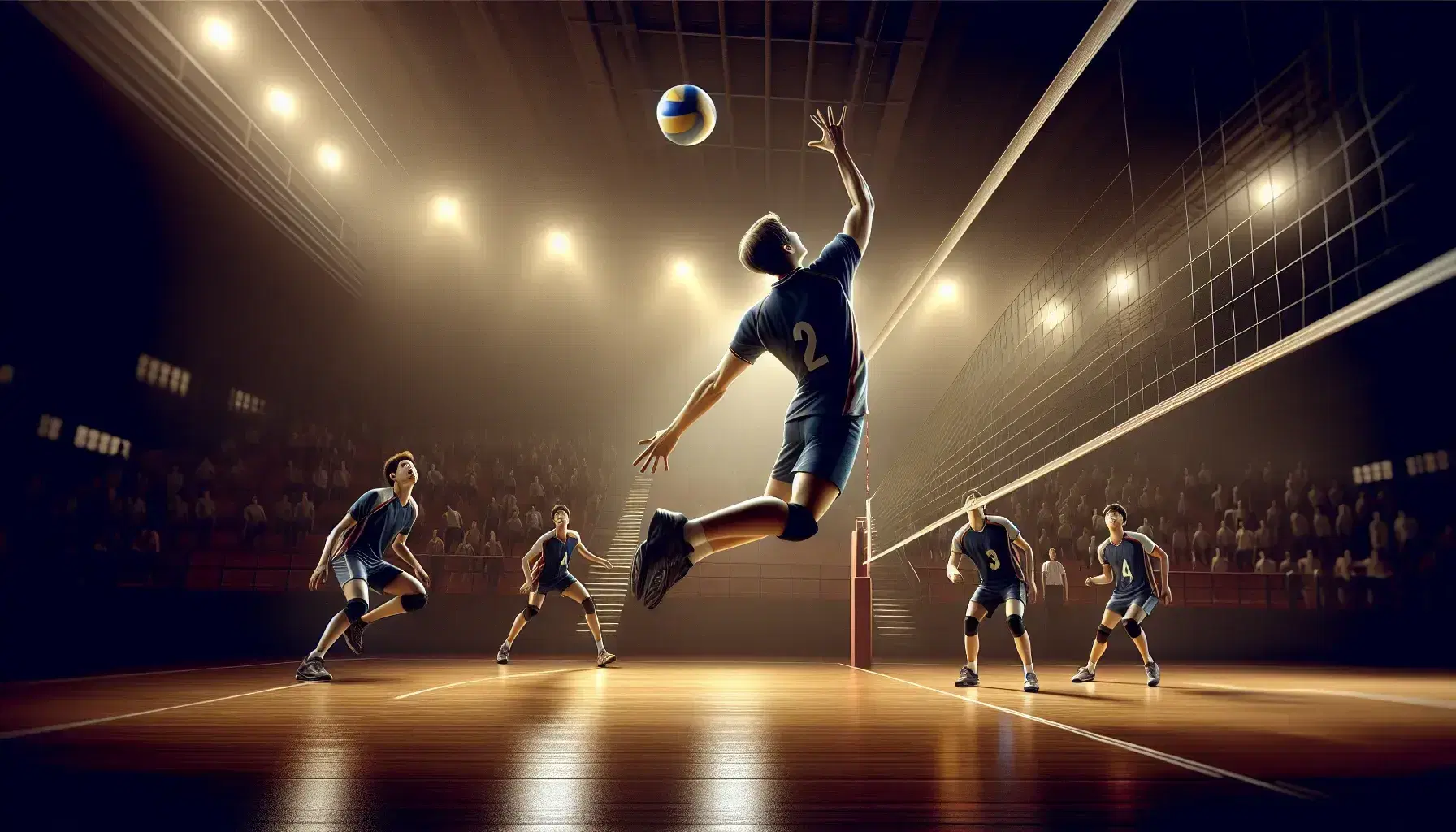 Giocatore di pallavolo in divisa blu scuro salta per colpire pallone giallo pallido con strisce blu e bianche durante partita in palestra con spettatori sfocati.