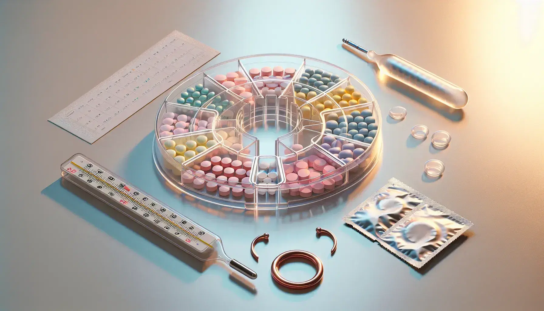 Caja circular con compartimentos de pastillas de colores, condón plateado, termómetro de vidrio junto a calendario y dispositivo intrauterino de cobre sobre superficie clara.