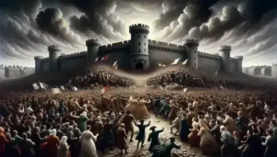 Rappresentazione artistica dell'assalto alla Bastiglia con folla determinata in movimento verso la fortezza grigia sotto un cielo tempestoso.