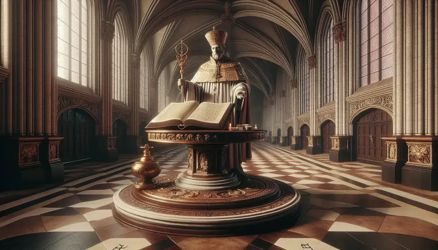 Renaissance hall with vaulted ceilings, checkerboard floor, marble statue of religious figure, wooden table with book and chalice, and cardinal red tapestry.