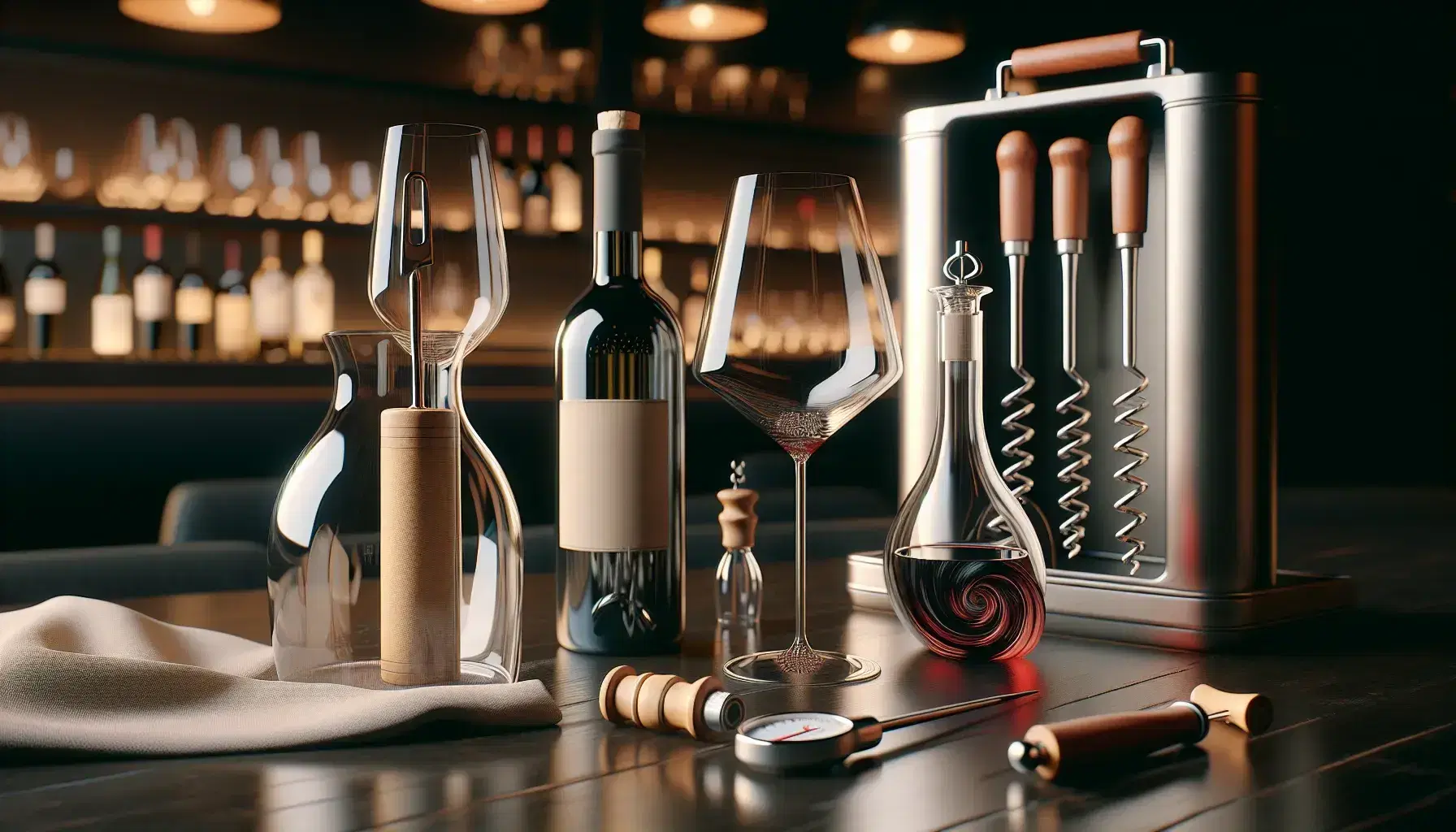 Mesa de madera oscura con botella de vino, copas, sacacorchos, termómetro de vino y enfriador, en ambiente de restaurante elegante.