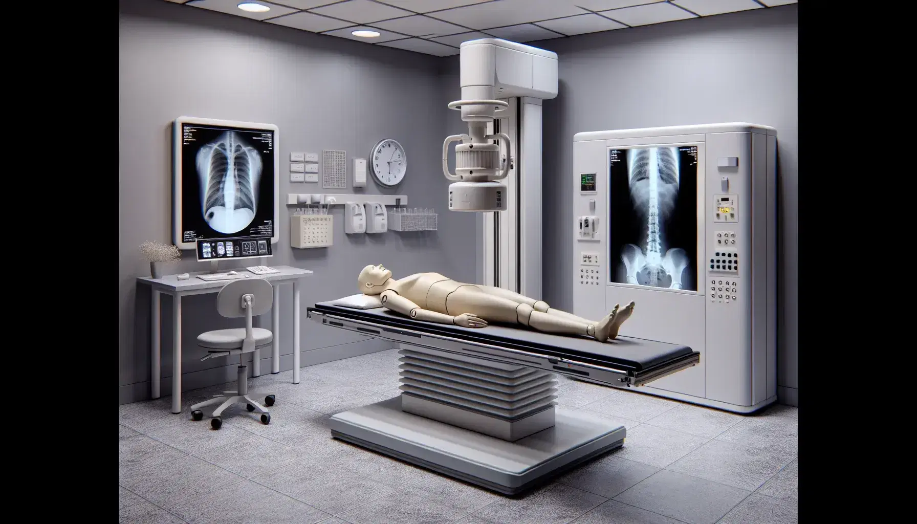 Sala de radiología con cama de rayos X y maniquí acostado, máquina de radiografía alineada con columna del maniquí y monitor mostrando radiografía de espina.