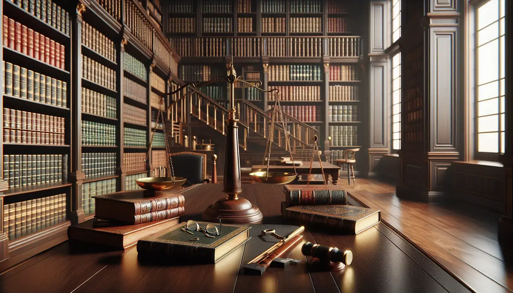Biblioteca clásica con estanterías de madera oscura llenas de libros encuadernados en cuero, mesa con balanza de bronce y gafas, luz natural y escalera de madera.