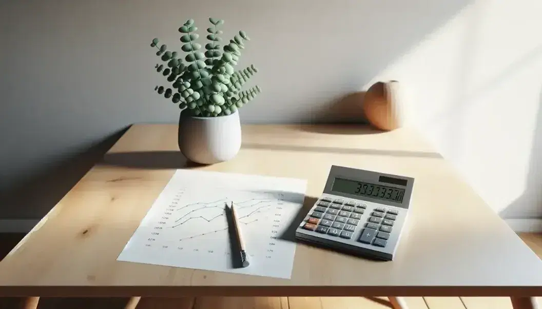 Mesa de oficina de madera clara con calculadora gris, lápiz y gráficos impresos en colores, junto a planta interior en maceta blanca.