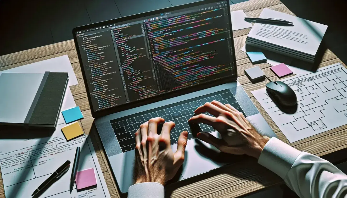 A person's hands working on a laptop with colorful IDE, surrounded by printed sheets and post-its on a whiteboard, on a wooden desk with green plant.