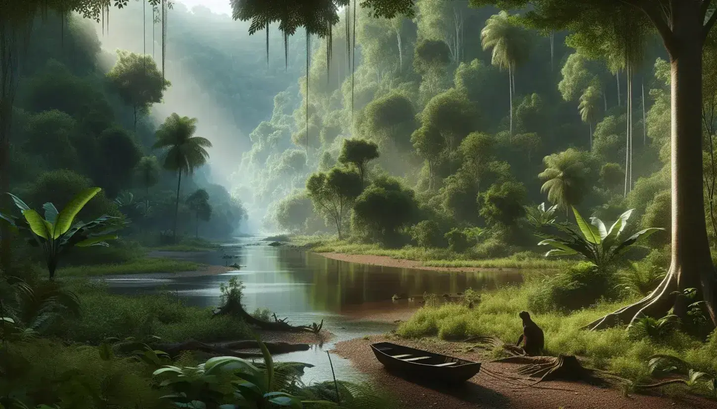 Paisaje natural con río serpenteante rodeado de densa jungla verde, reflejos solares a través de las hojas y bote de madera en la orilla.