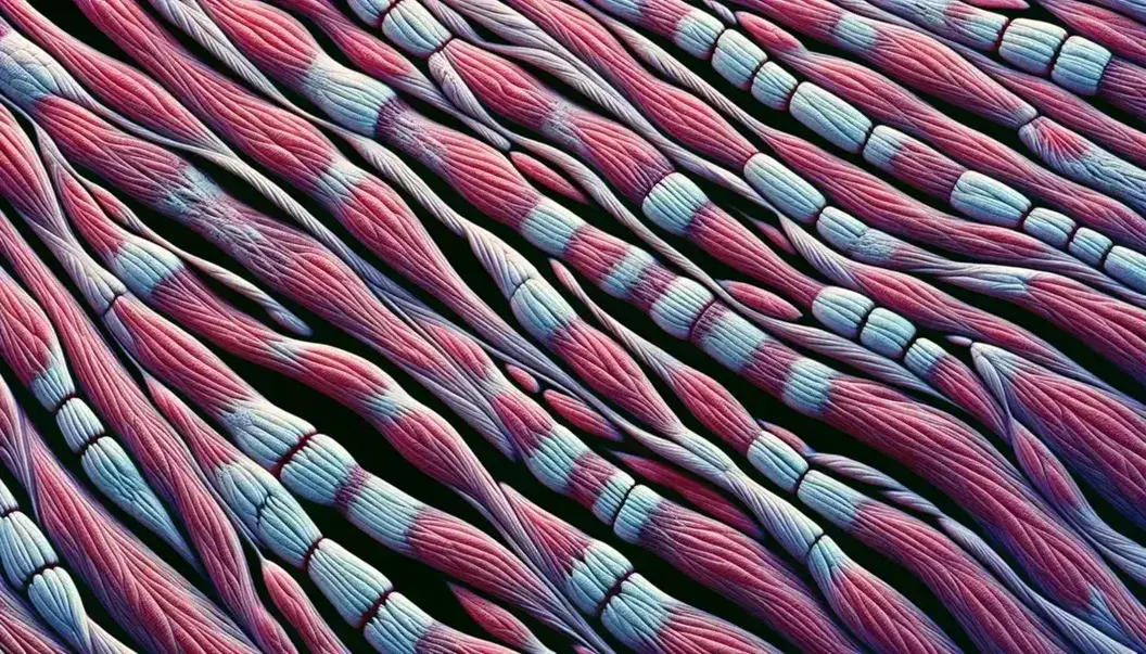 Fibras musculares humanas vistas al microscopio mostrando bandas transversales y una apariencia estriada con variación de colores rojo oscuro a rosa pálido.