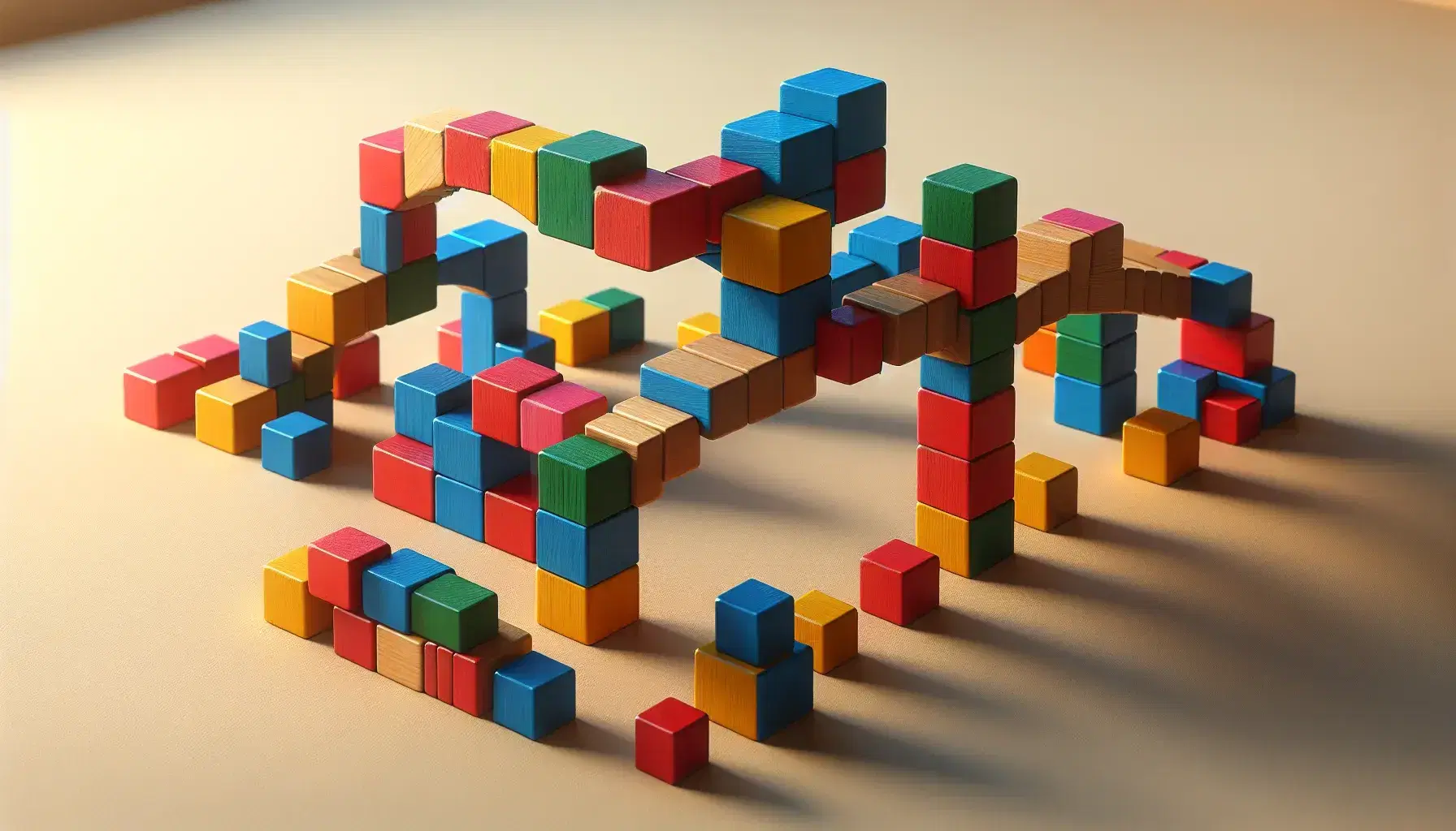 Bloques de madera de colores primarios y secundarios en equilibrio, formando una estructura tipo puente sobre superficie lisa, con algunos alineados aislados a la derecha.