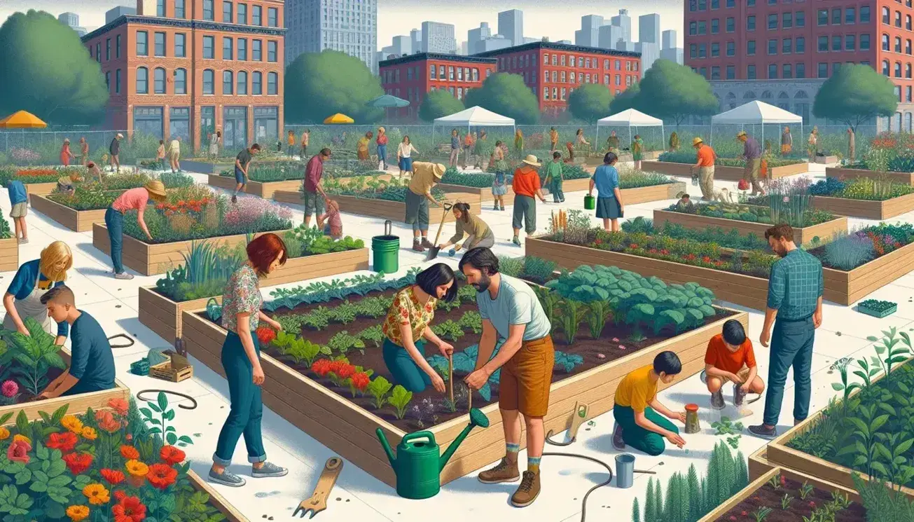 Gruppo multigenerazionale collabora in giardino urbano: uomo pianta ortaggi, donna innaffia, adolescenti raccolgono frutta, bambino gioca con rastrello.