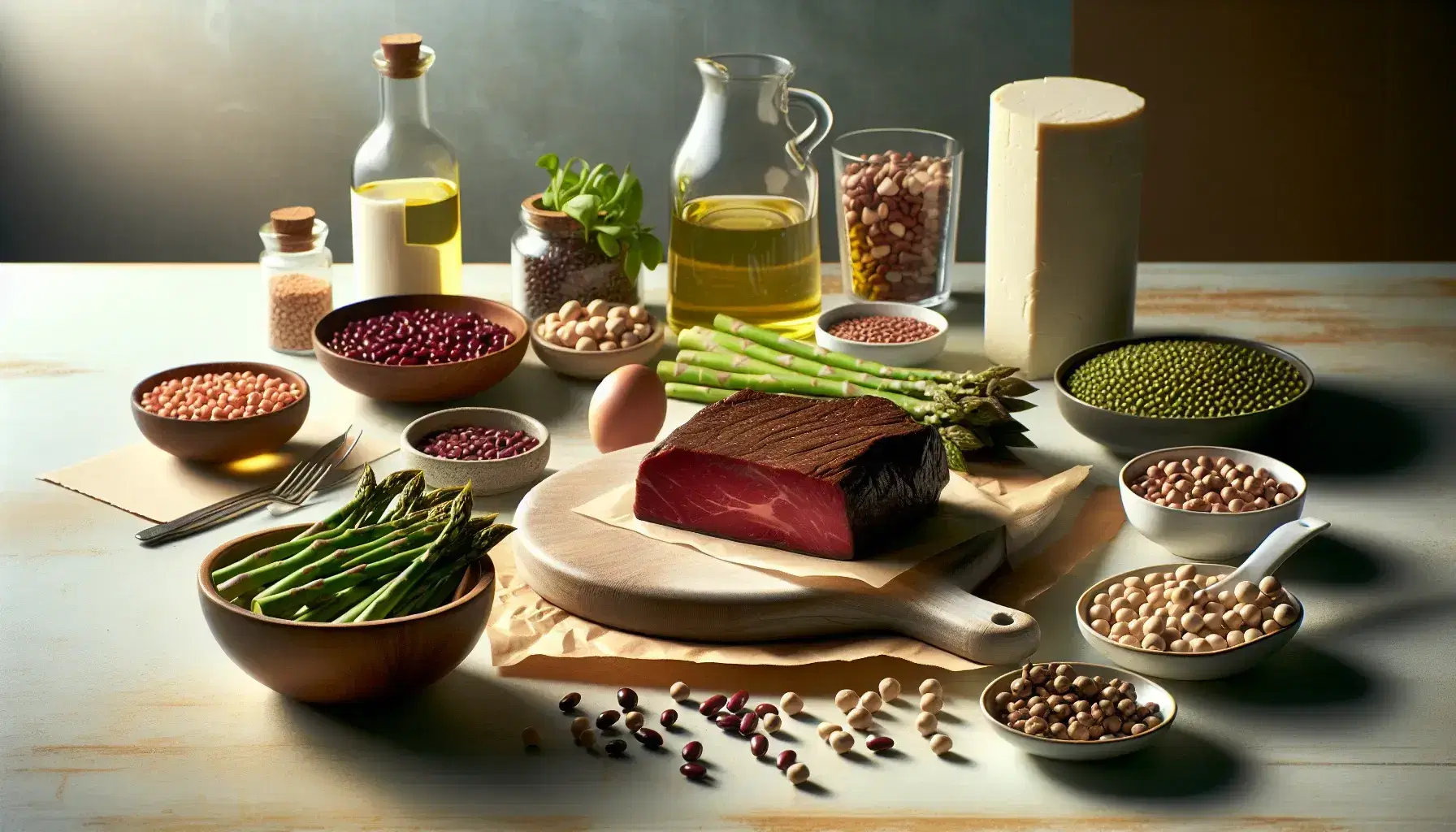 Alimenti ricchi di proteine su superficie in legno chiaro: carne rossa, legumi misti, tofu, asparagi verdi, uovo marrone e bottiglia d'olio.