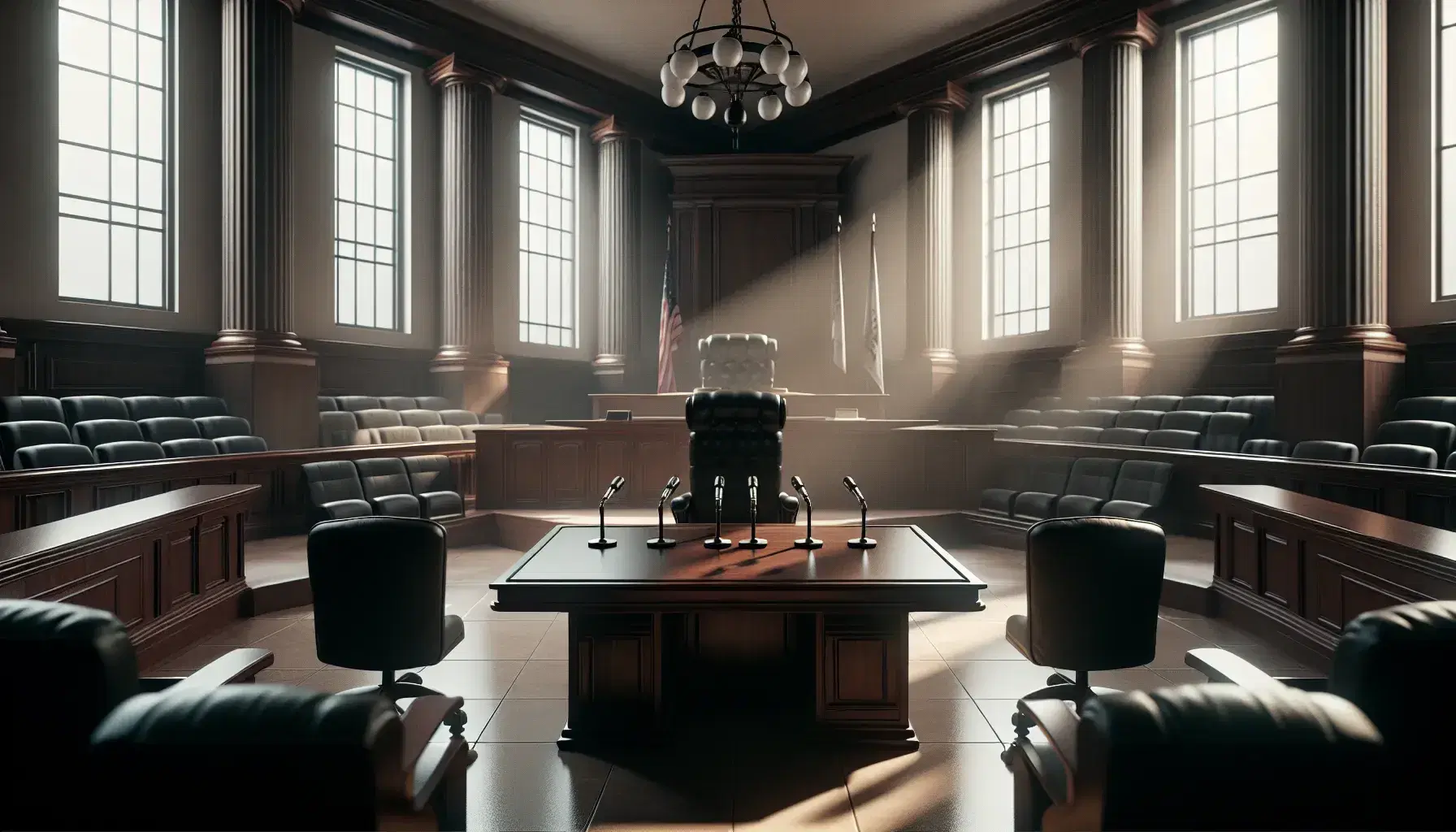 Aula di tribunale vuota con banco testimoni in legno scuro, microfoni neri, sedie vuote, piattaforma giudice con poltrona in pelle e bandiere ai lati.
