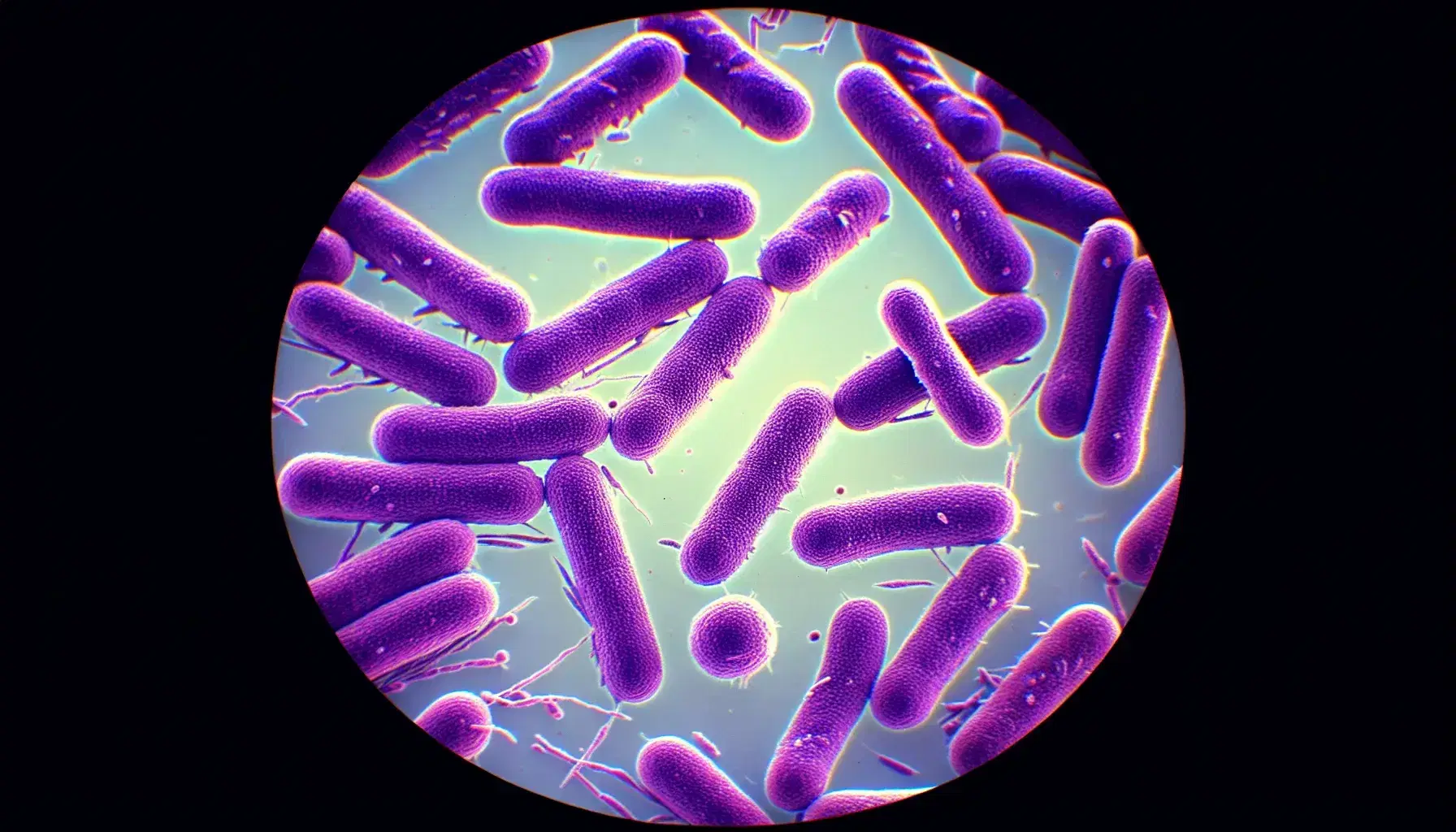 Microscopía óptica de campo claro mostrando bacterias teñidas, con bacilos en violeta intenso en el centro y cocos más claros en la periferia.