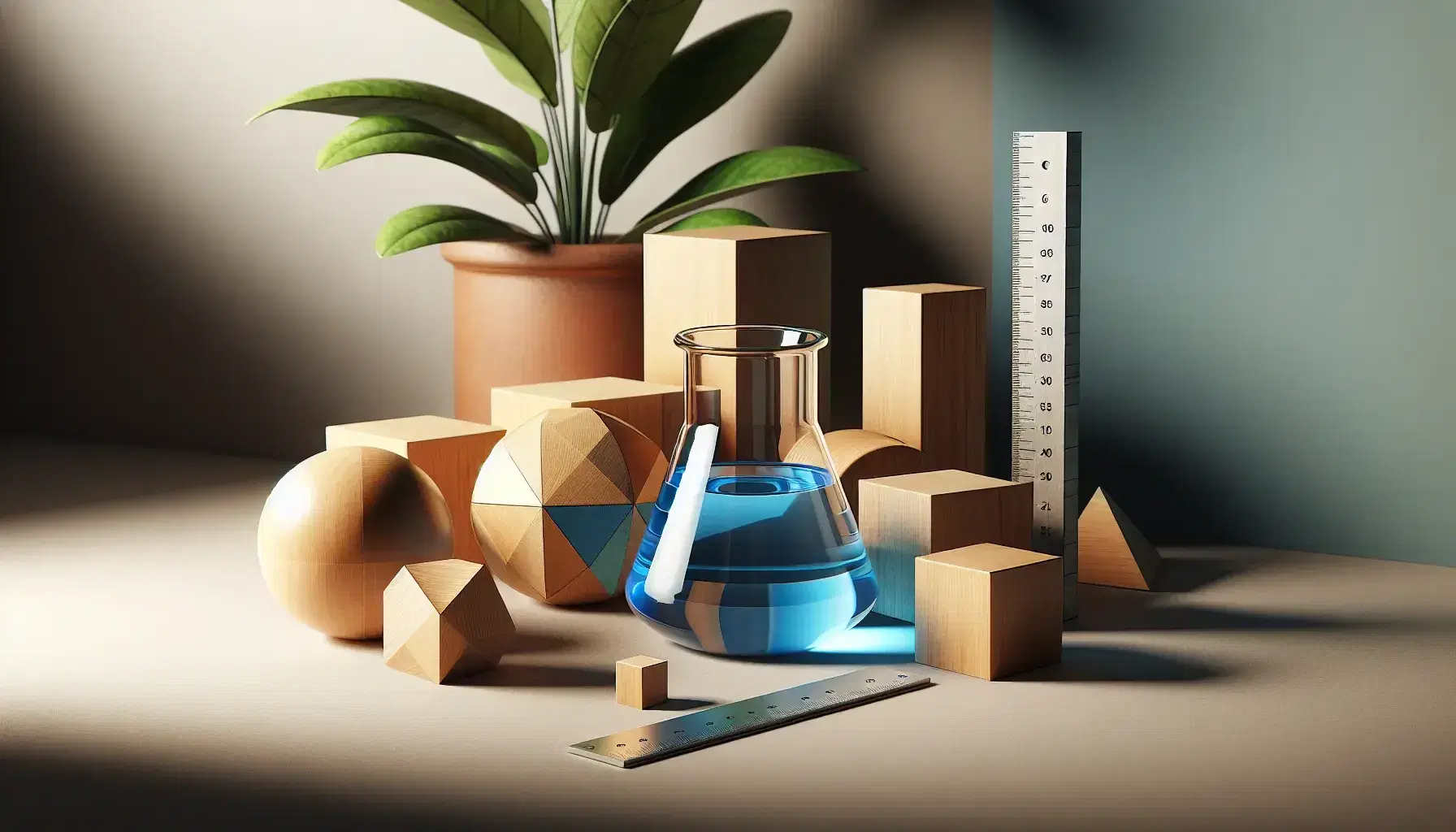 Assorted geometric wooden shapes with a glass beaker of blue liquid, metal ruler, and potted green plant on a flat surface.