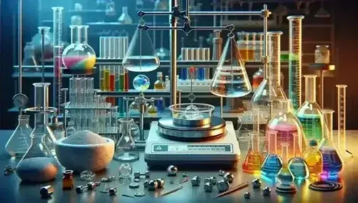 Bilancia analitica in laboratorio con contenitore e sostanza bianca, pesi metallici, becher con liquidi colorati e bruciatore acceso.