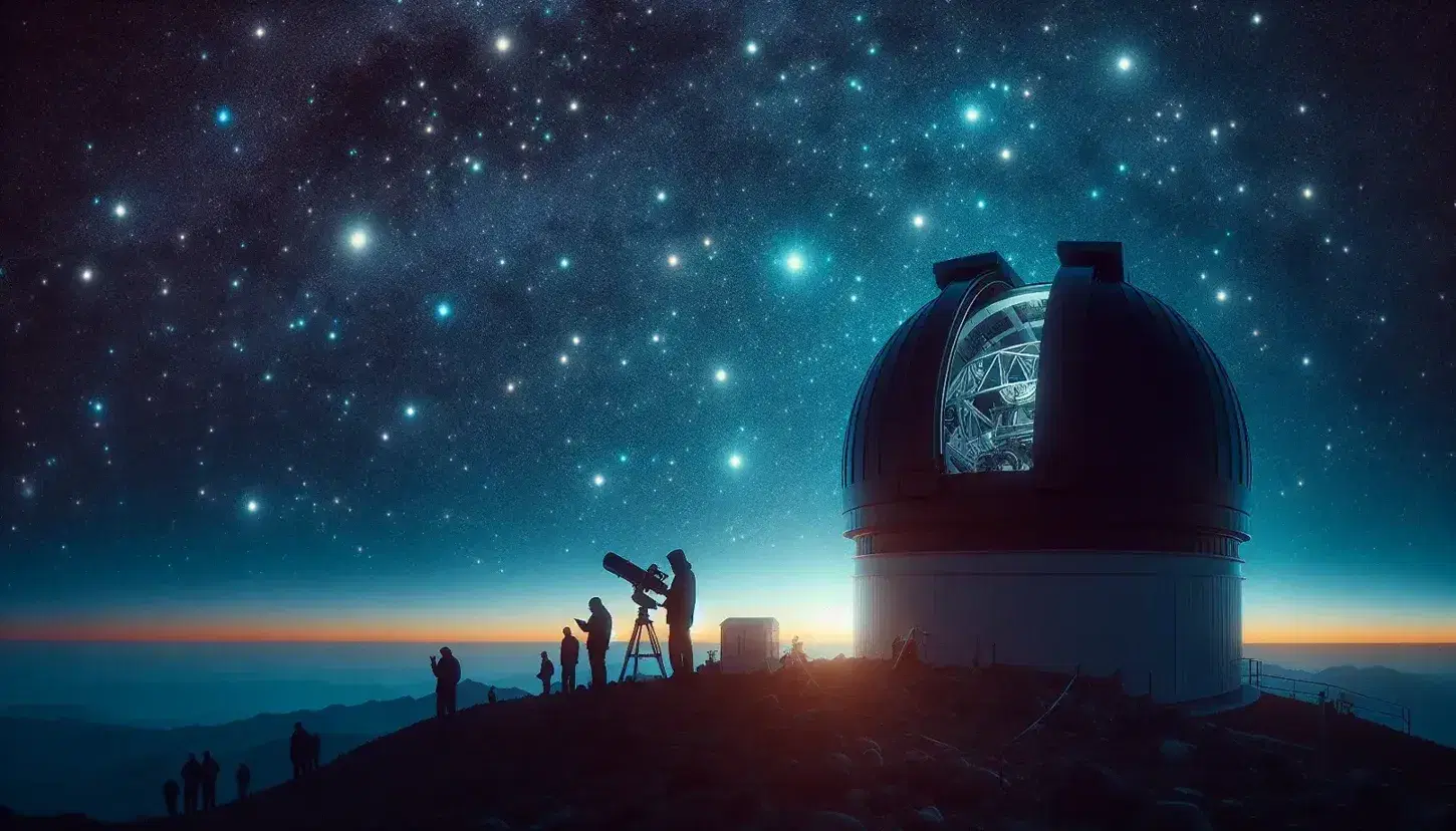 High-altitude observatory silhouette with open dome and telescope against a star-filled night sky, with astronomers observing and taking notes.