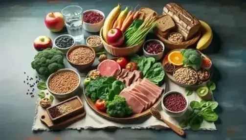 Tavola imbandita con ciotola di verdure a foglia verde, piatto di carni magre, cesto di frutta variopinta, legumi e cereali integrali, bicchiere d'acqua e succo.